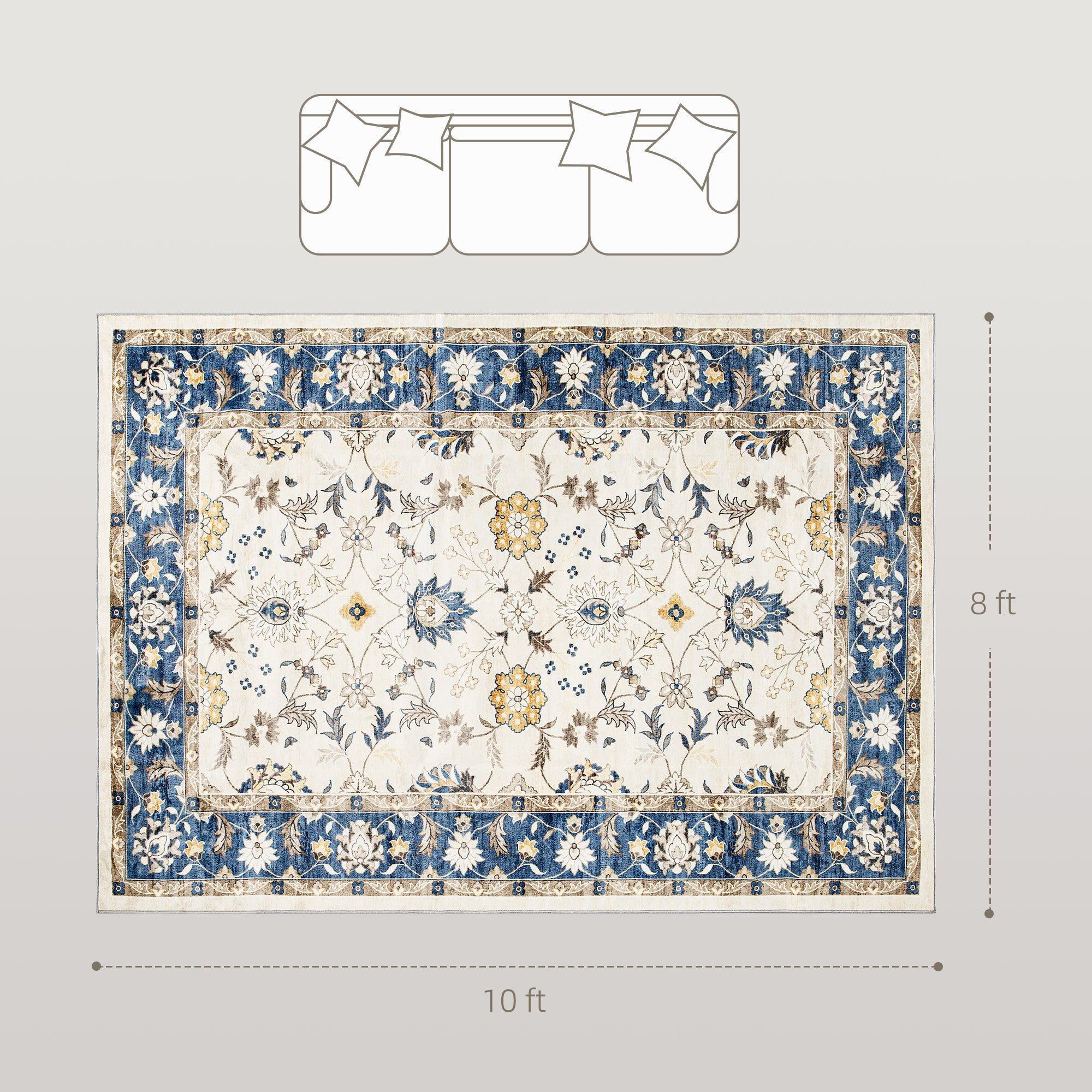 Machine Washable Area Rug 8x10, Non-Slip Boho Floral Print Floor Carpet for Living Room, Bedroom, Dining Room, Blue