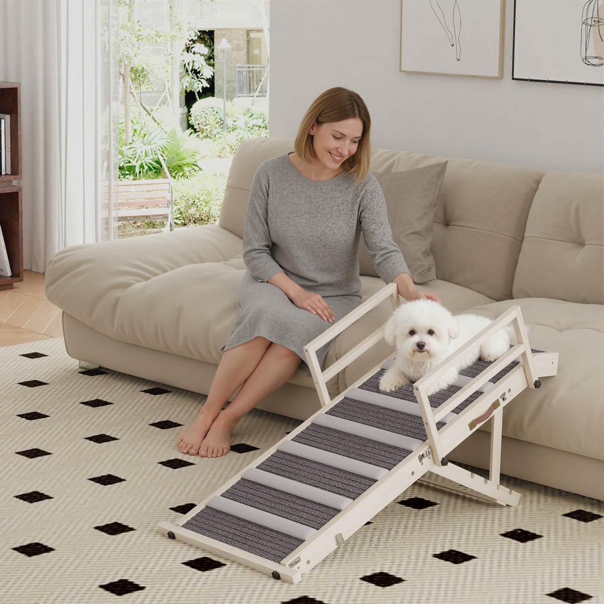 Dog Ramp, Folding Pet Ramp, 4 Adjustable Height from 15" to 19", Dog Step with Side Rails for Small to Large Pets