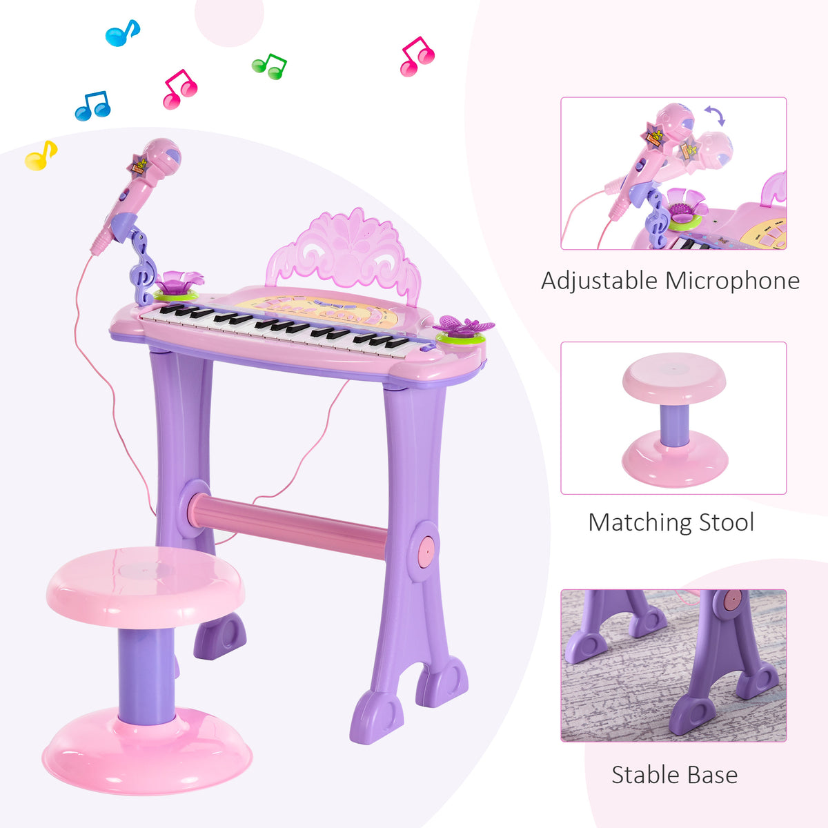 Qaba 32-Key Princess Electronic Toy Piano for Kids, Educational Keyboard Piano with Stool, MP3, Record, Flashing Lights, Microphone for 3-6 Years, Pink