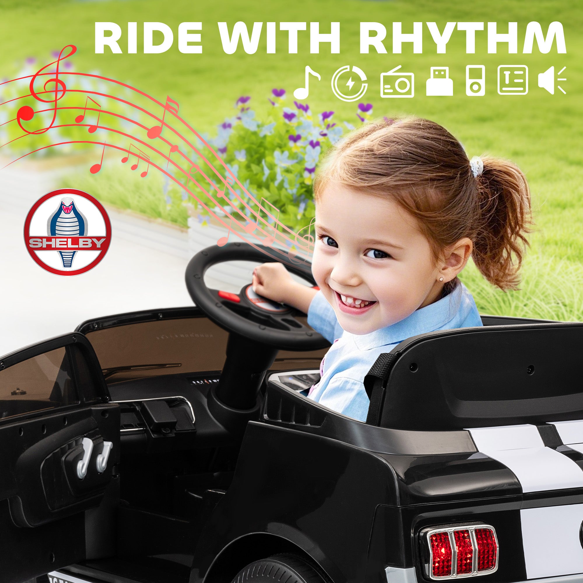 Licensed Ford Shelby GT 350 Kids Ride On Car with Remote Control, Adjustable Speed, MP3, Smooth Start, LED Lights, Black