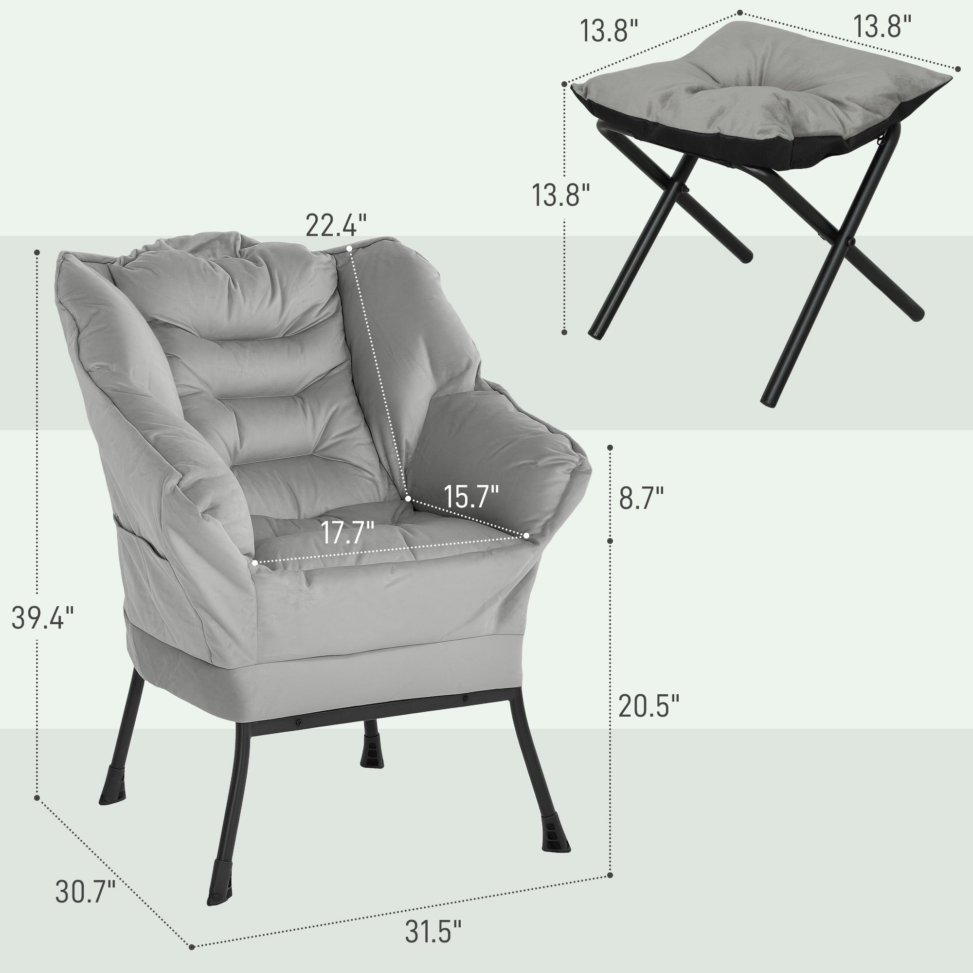 Lazy Chair and Ottoman Set, Fabric Upholstered Accent Chair with Side Pockets, for Living Room, Bedroom, Light Gray