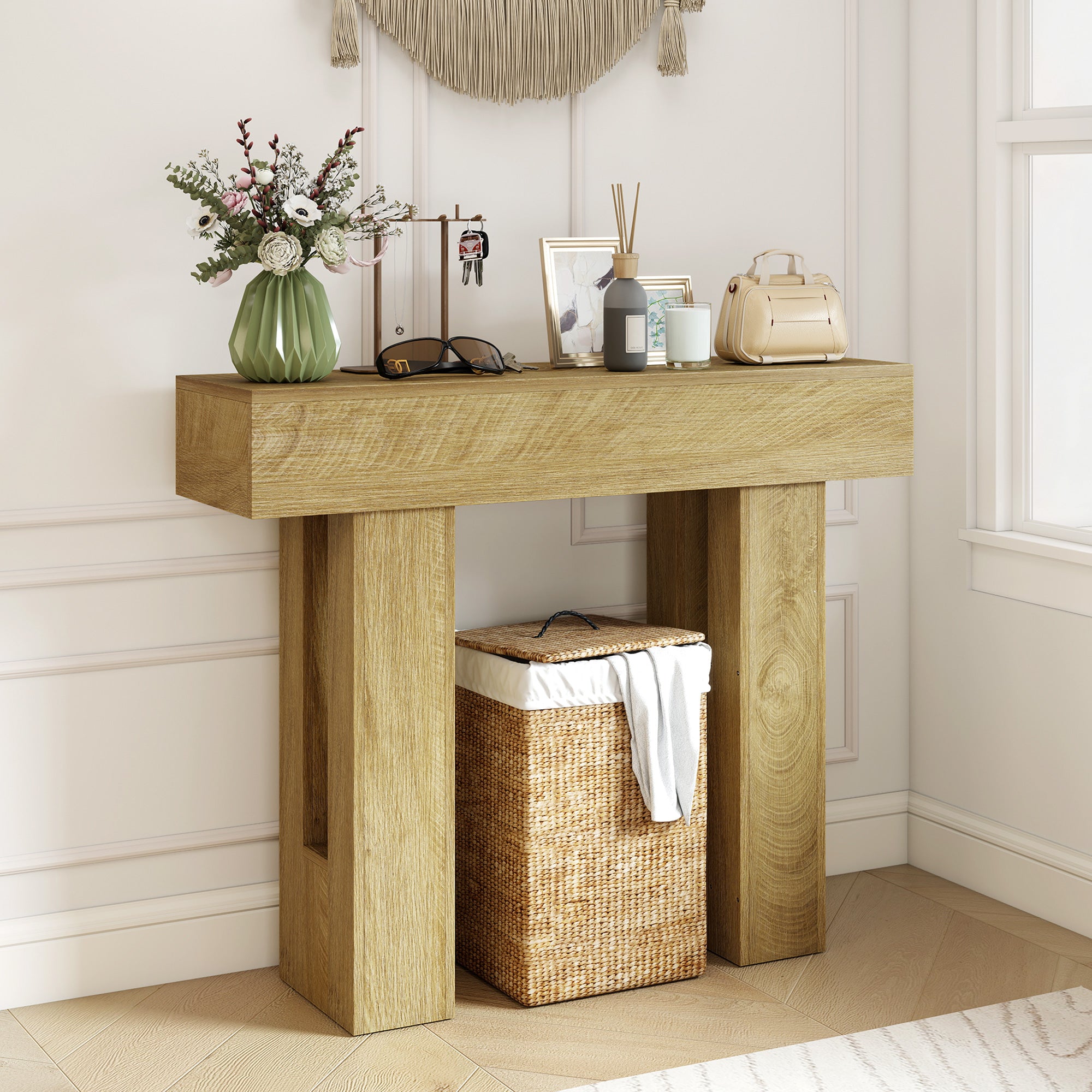 42 Inch Console Table, Sofa Table Behind the Couch with Thickened Tabletop for Living Room, Hallway, Entrance, Oak