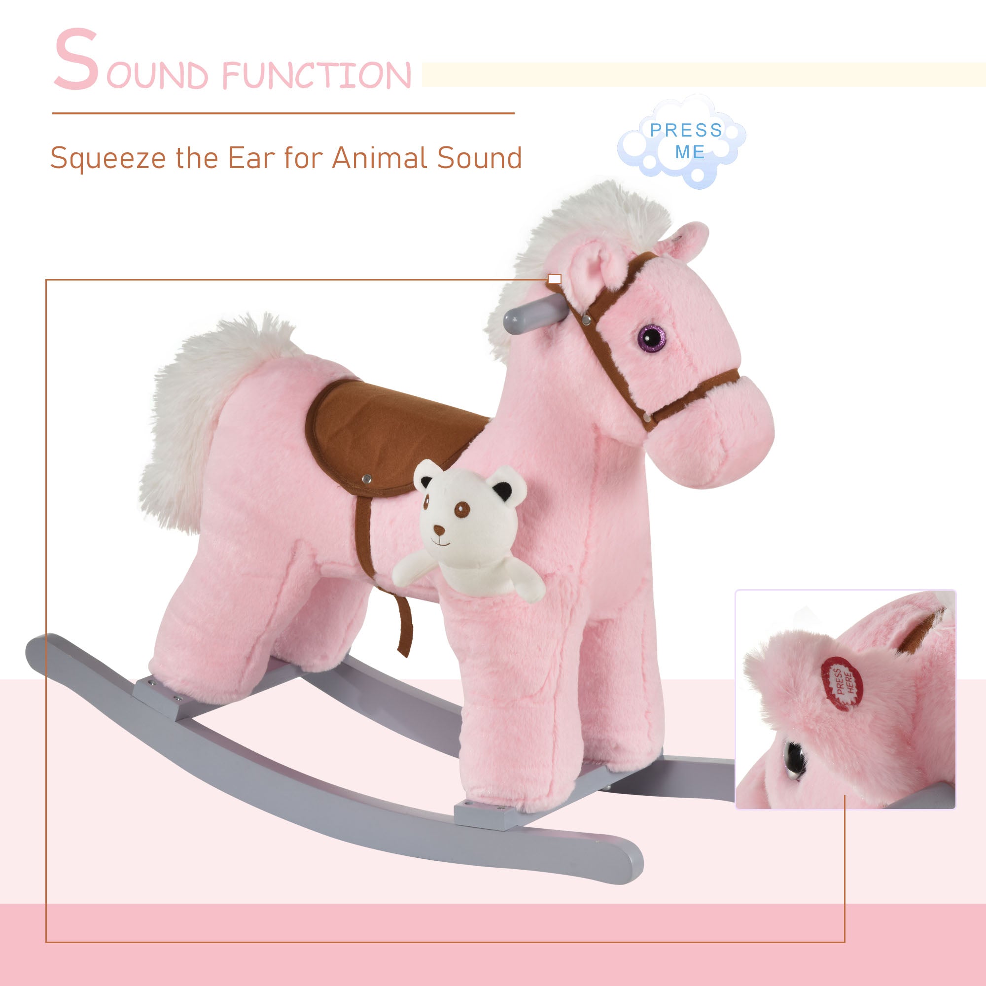 Kids Rocking Horse with Bear Toy, Plush Animal Rocker with Fun Realistic Sounds for Toddler 18-36 Months, Pink