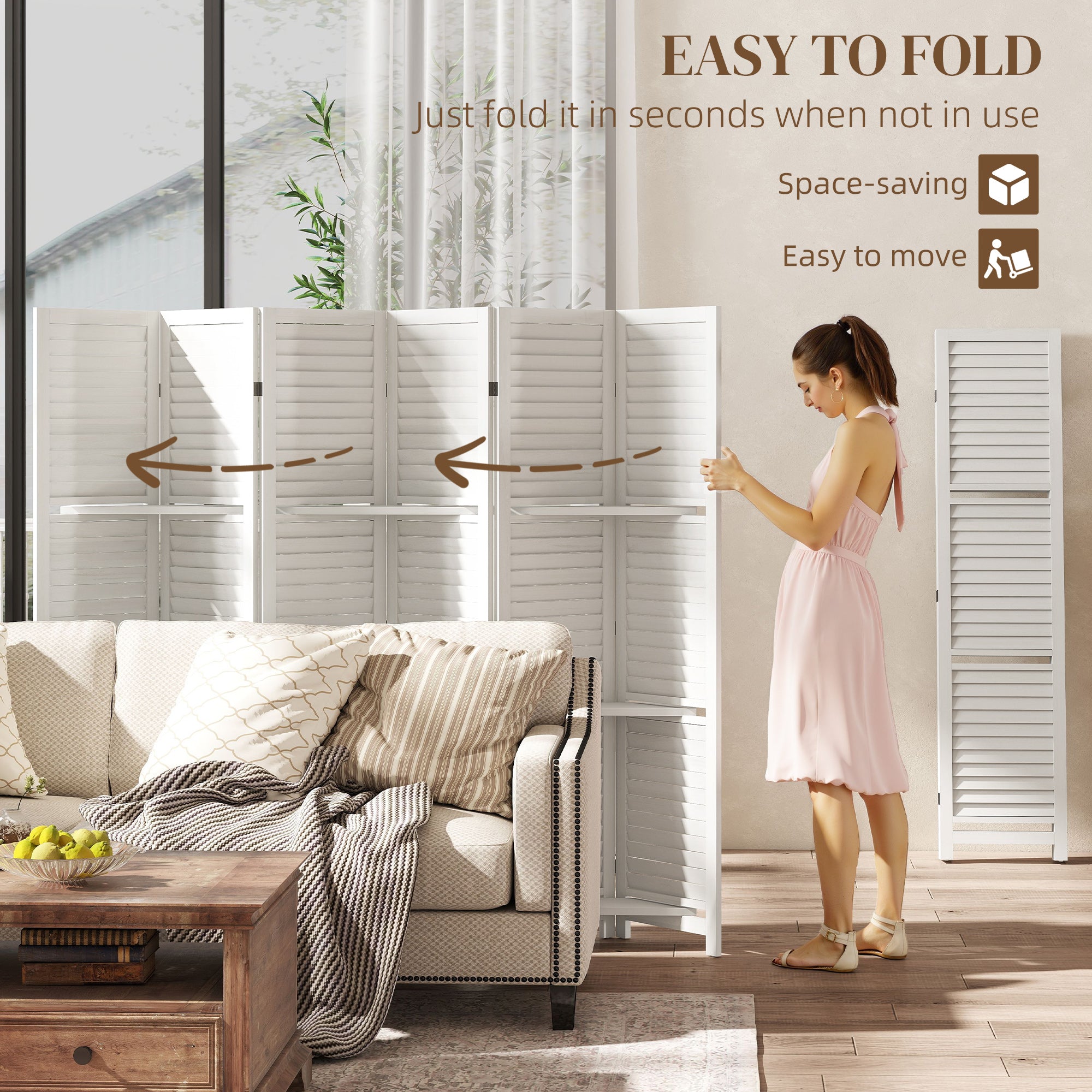 6 Panel 67" Tall Wood Privacy Screen Room Divider with 3 Shelves and Folding Storage for Bedroom, White