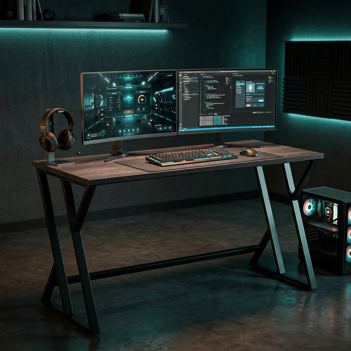 55 Inch Computer Desk, Industrial Writing Desk with Z-Shaped Metal Leg, Study Table for Home Office, Distressed Gray