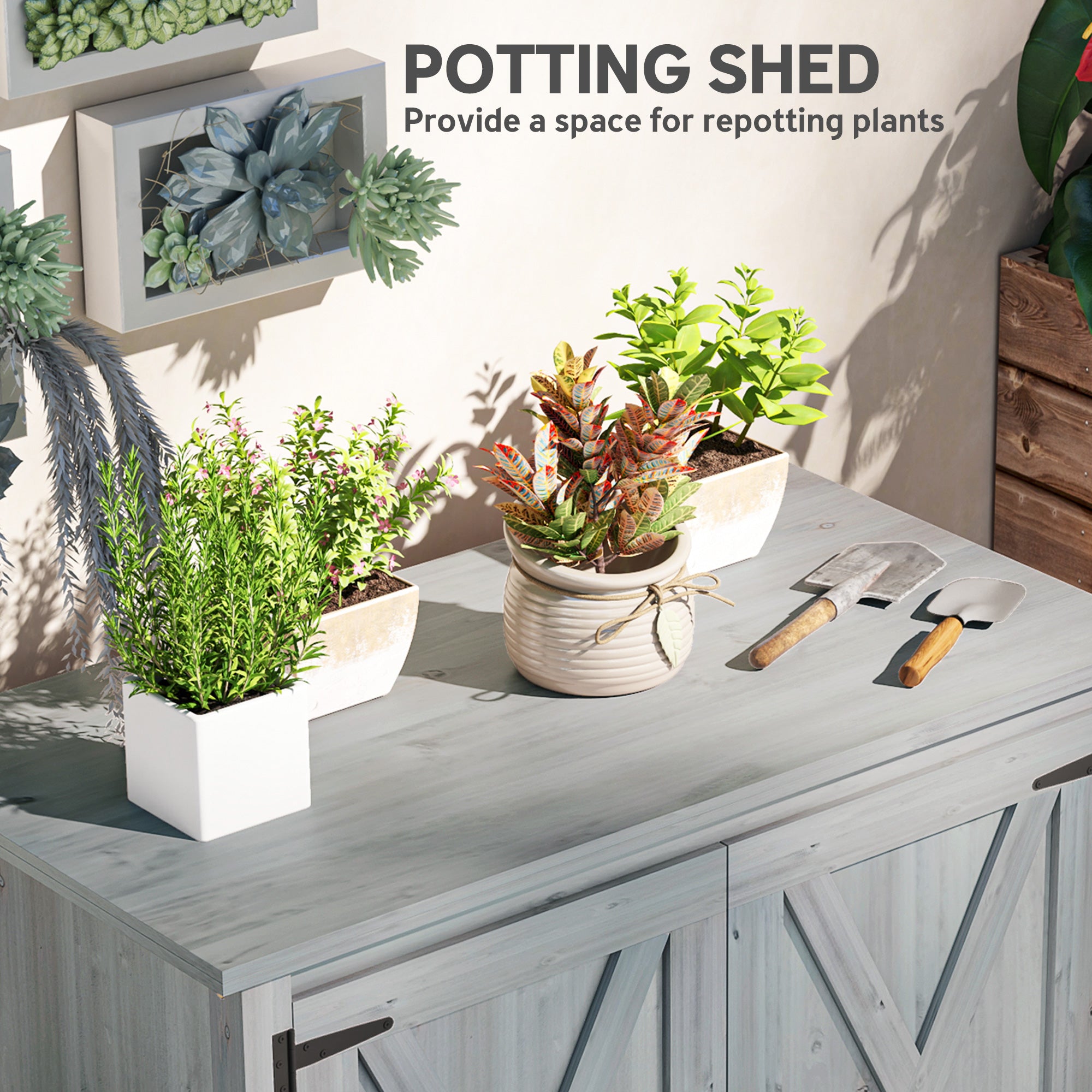 Wooden Outdoor Storage Cabinet, Garden Shed Potting Shed with Shelf and Double Doors, Light Gray - Light Gray - Image 5