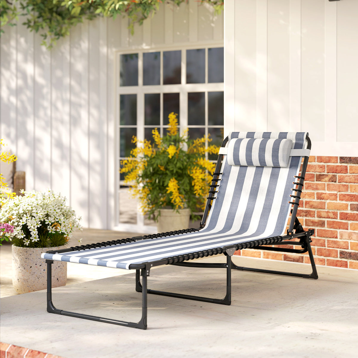 Folding Chaise Lounge Pool Chair with 4-Position Reclining Back, Pillow, Breathable Mesh & Bungee Seat, Blue & White