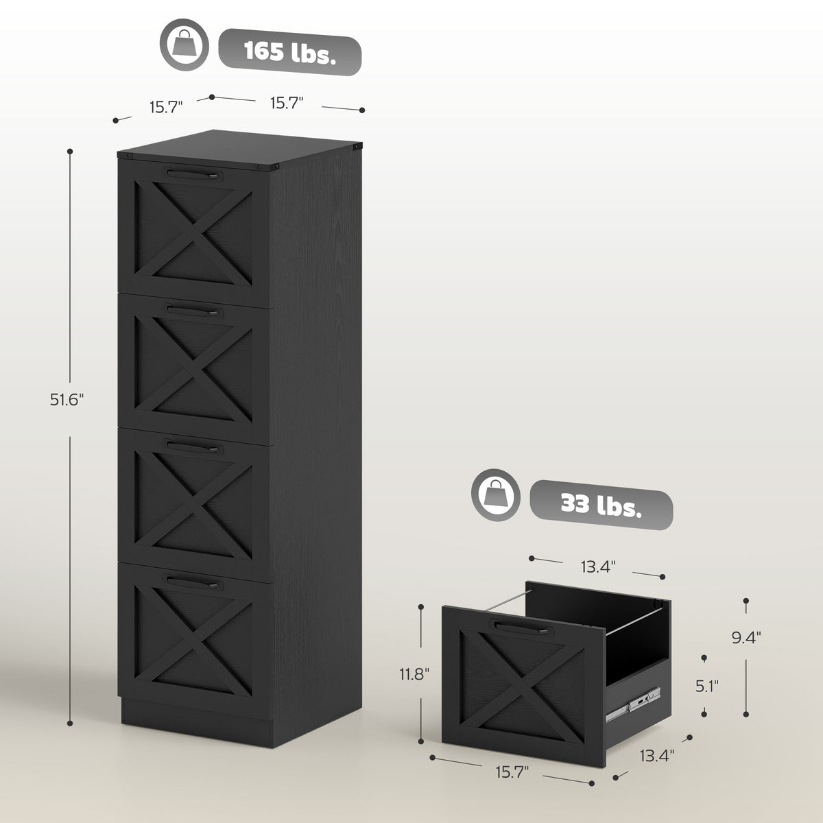 Vertical Storage Drawers Farmhouse X Pattern Printer Stand Fits Letter Files 4 Drawers Black
