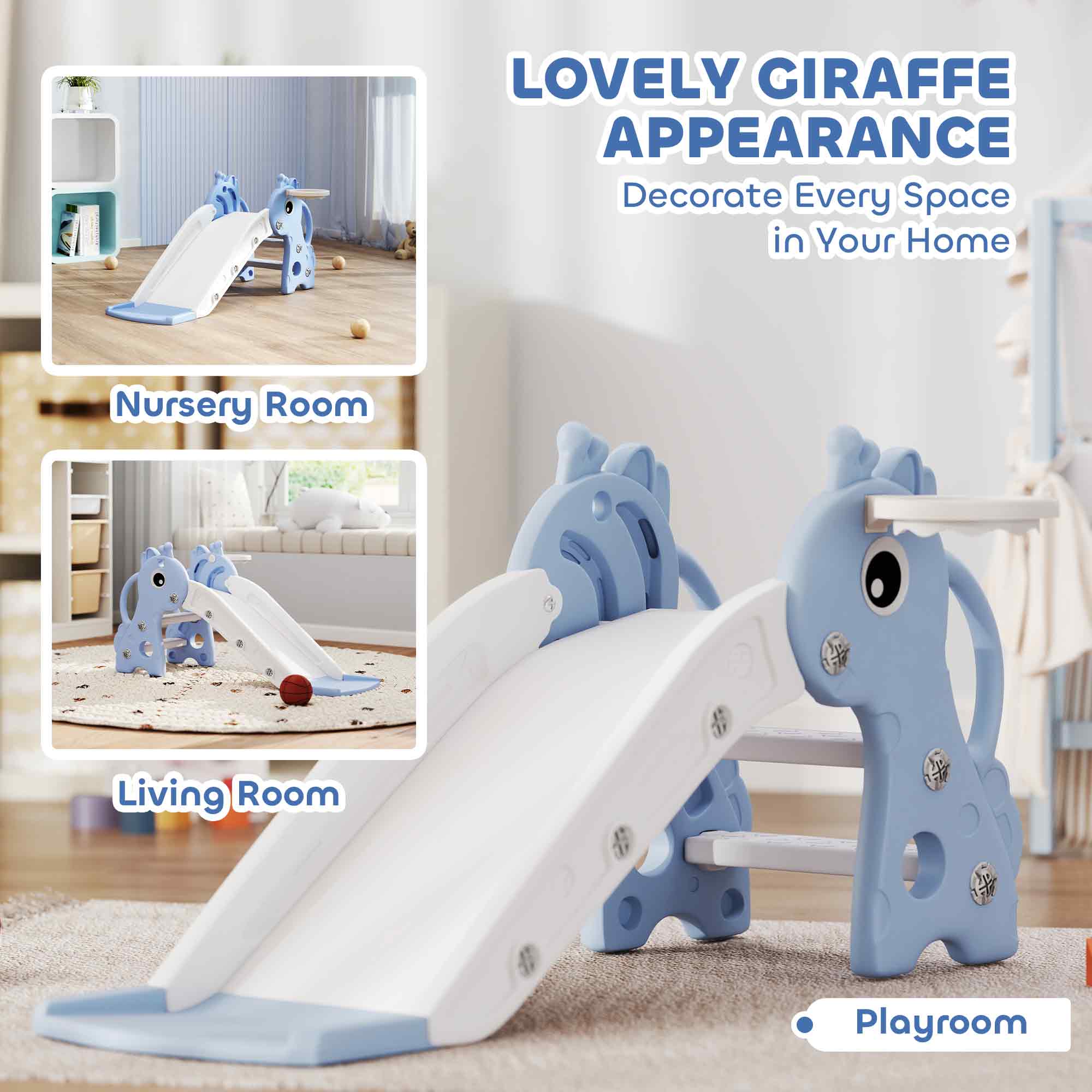3-in-1 Toddler Slide for Age 1-3, Freestanding Kids Slide with Climber, Basketball Hoop and Ball, Giraffe Design, Blue