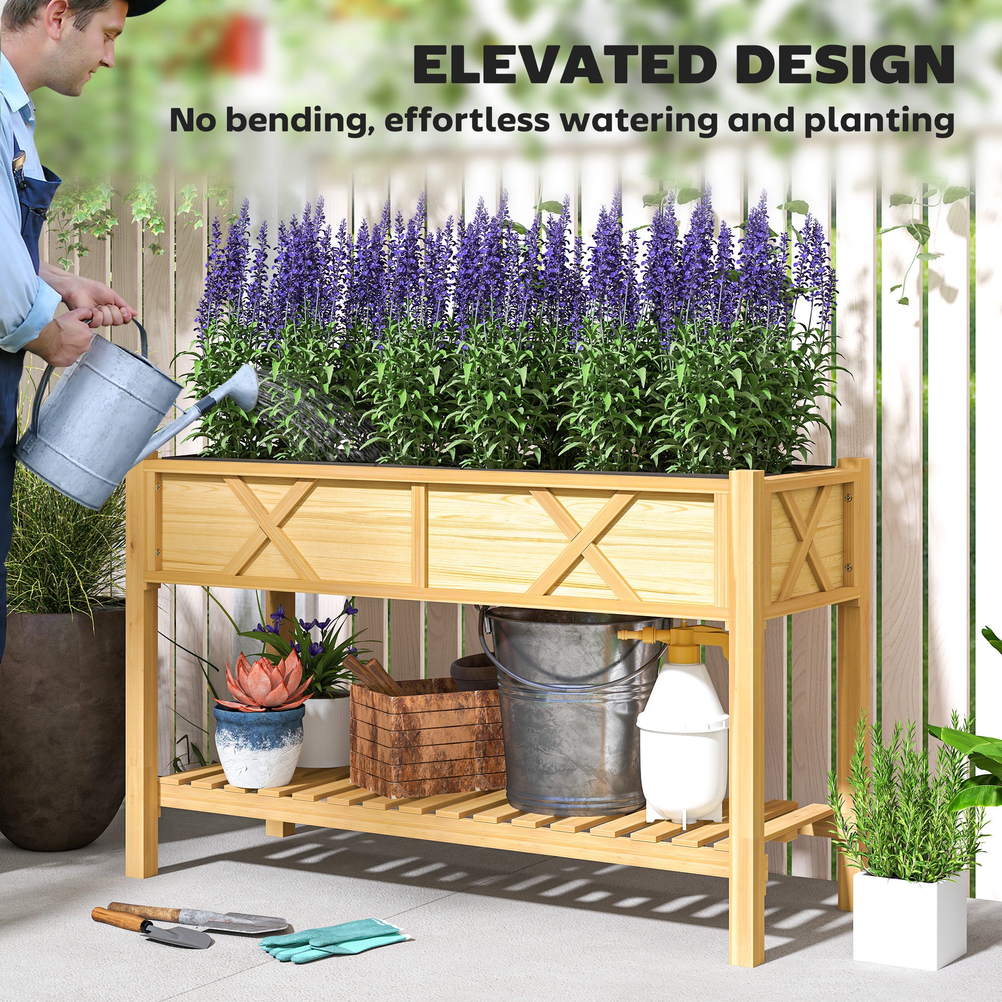 Raised Garden Bed, 47 x 22 x 31.5 in. Elevated Wood Planter Box with Storage Shelf, Drainage Holes, and Liner, Natural - Natural Wood - Image 6