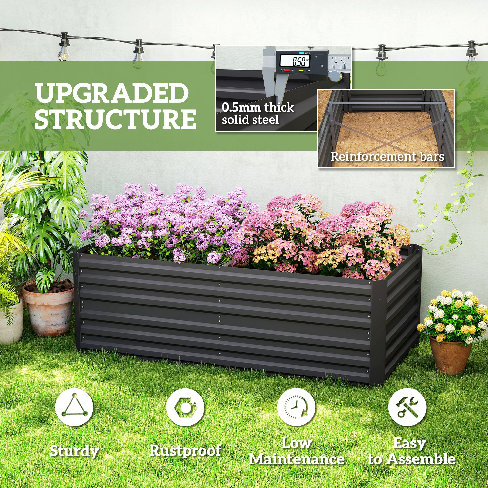Galvanized Raised Garden Bed, Steel Outdoor Planters with Reinforced Rods, 71" x 36" x 23", Black - Black - Image 5