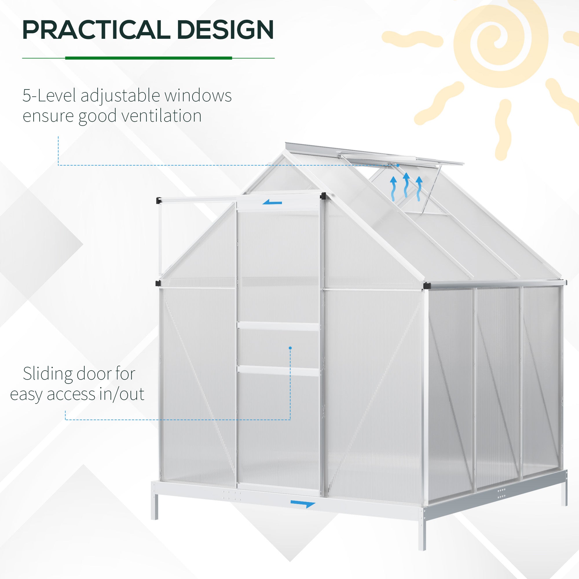 6' x 6' x 6.5' Polycarbonate Greenhouse with Aluminum Frame, Walk-in Heavy Duty Green House with Adjustable Roof Vent, Rain Gutter and Sliding Door for Winter, Silver - Silver - Image 5