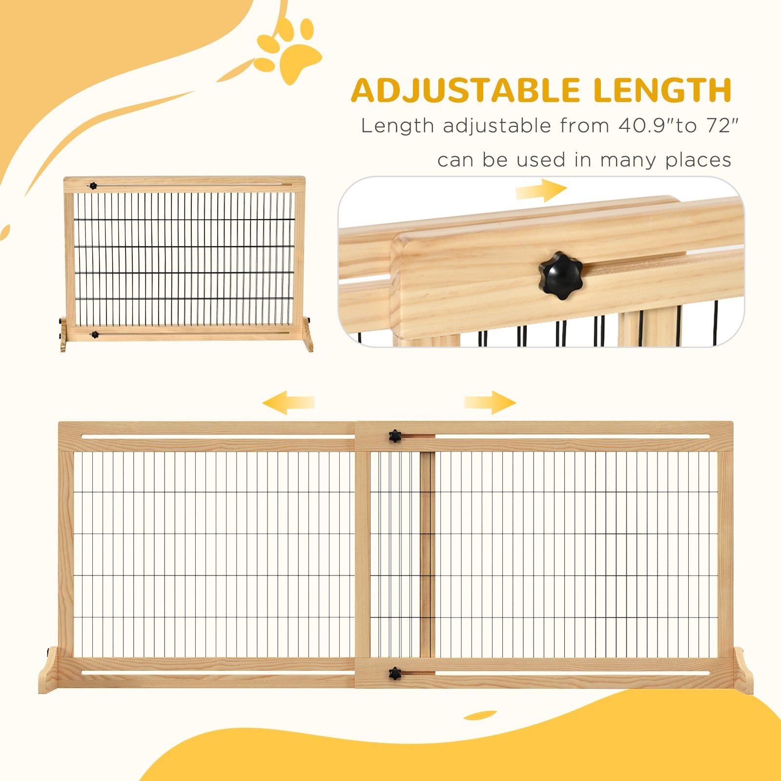 71" W x 27" H Extra Wide Freestanding Pet Gate with Adjustable Length Dog, Cat, Barrier for House, Doorway, Hallway, Natural - Natural Wood - Image 4