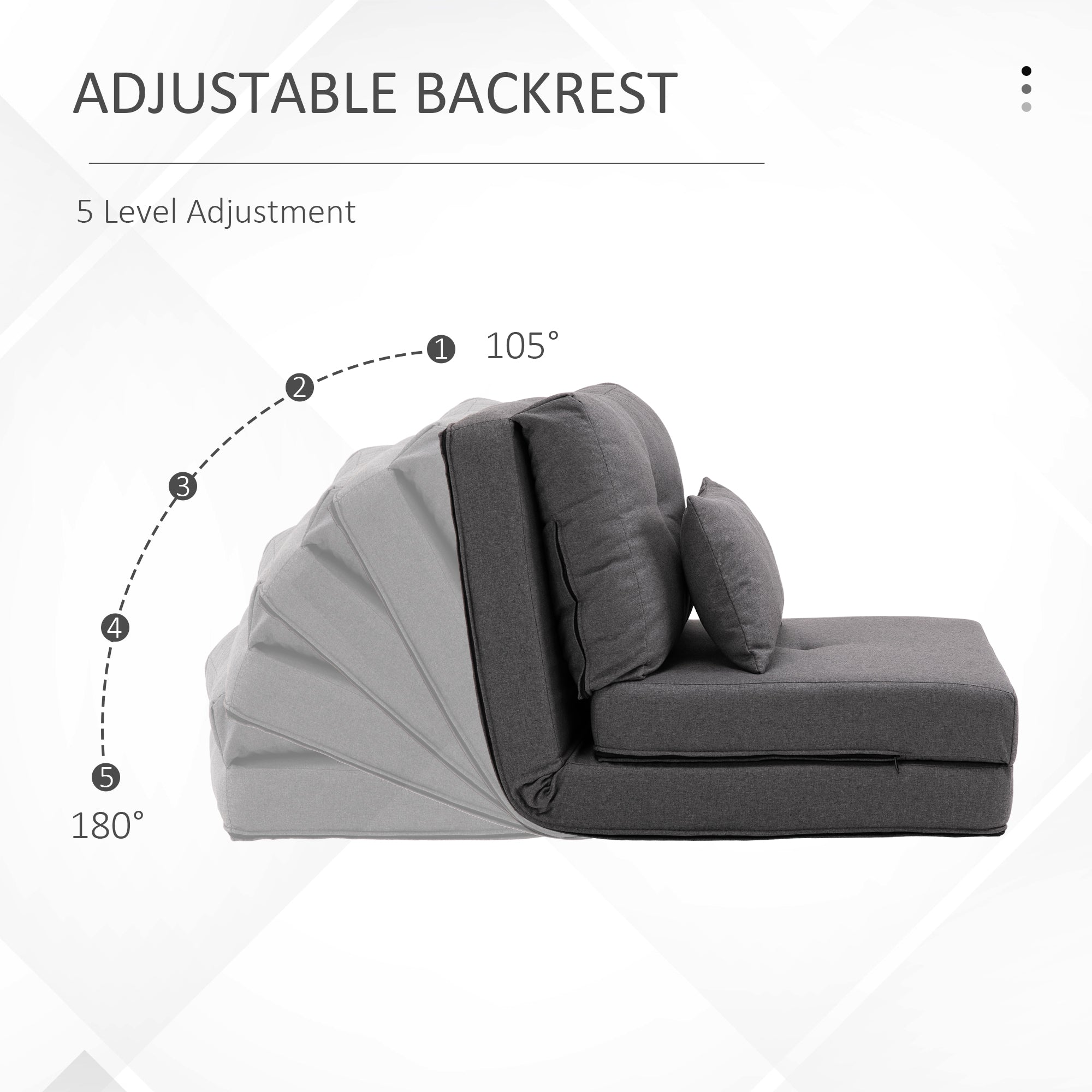 Convertible Flip Chair, Floor Lazy Sofa, Folding Upholstered Couch Bed with Adjustable Backrest, Metal Frame and Pillows for Living Room Bedroom, Dark Gray