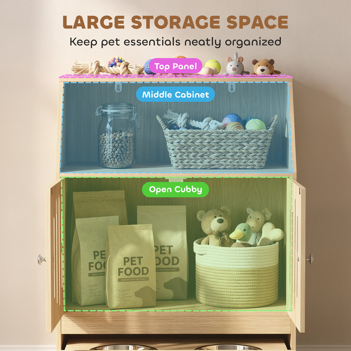 Dog Feeding Station, Pet Food Storage Cabinet with 2 Elevated Bowls & Slow-Feed Mat for Dogs & Cats