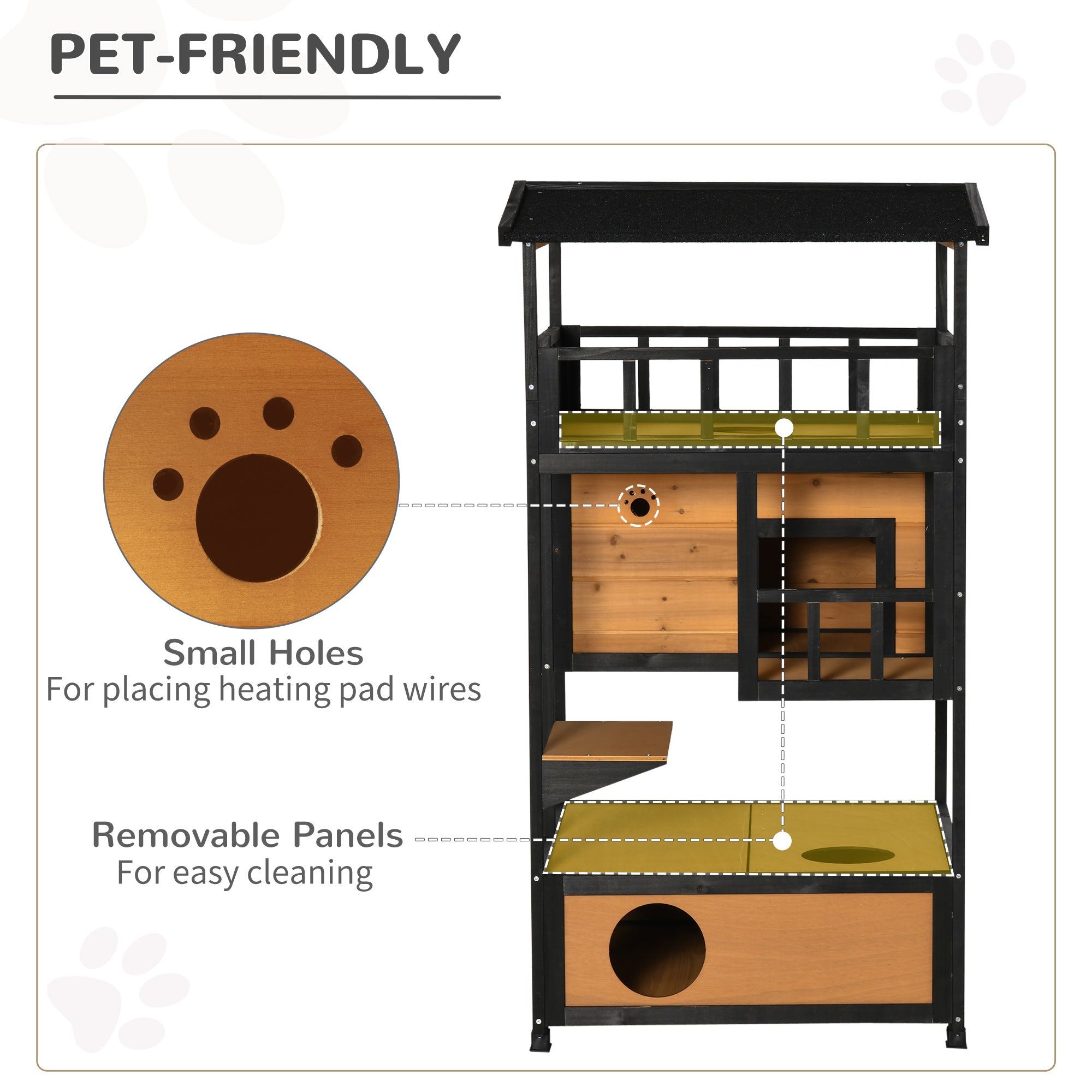 Wooden Outdoor Cat House, Feral Cat Shelter Kitten Condo with Asphalt Roof, Escape Doors, Condo, Jumping Platform, Yellow - Yellow - Image 7