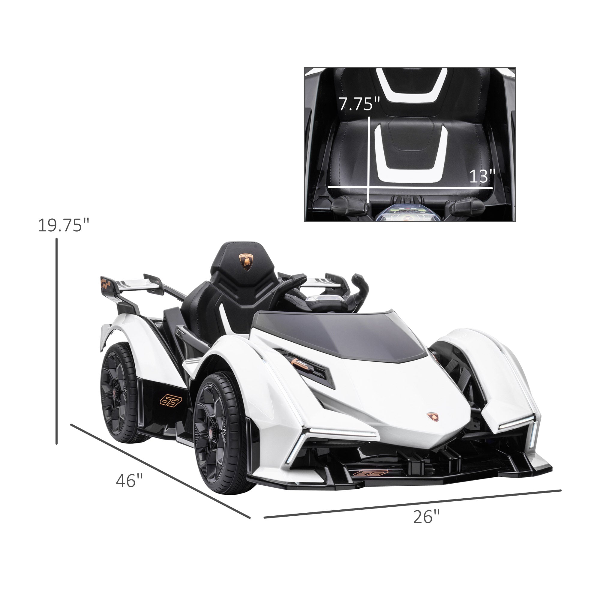 12V Electric Ride-on Car, Licensed Lamborghini V12 Vision Gran Turismo Battery-Powered Ride-on Toy with Remote Control, Music, LED Lights, for 3-6 Year Old Boys and Girls, White