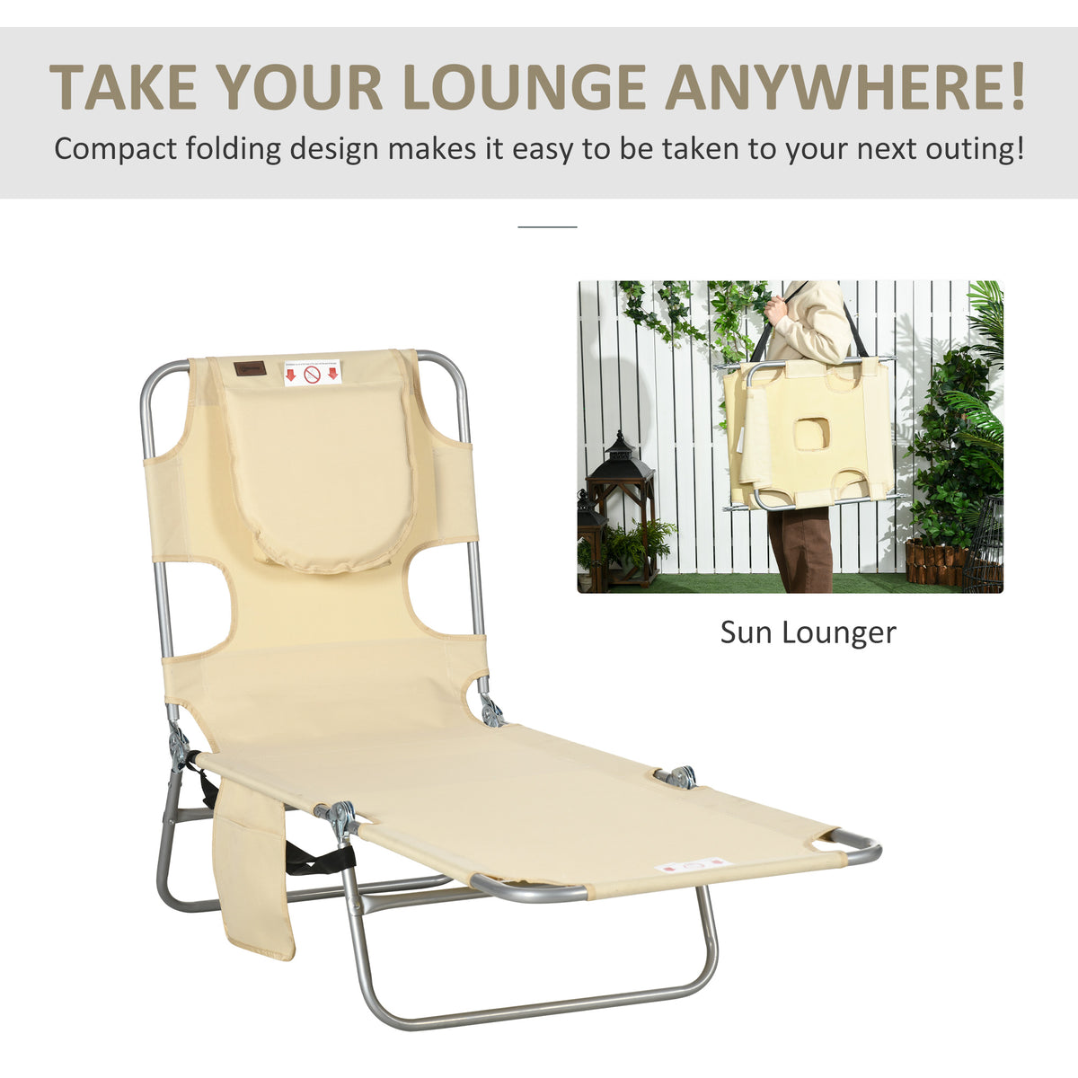 Tanning Chair with Face Hole, 5-Level Adjustable Outdoor Chaise Lounge Chair with Pillow for Beach, Pool, Beige