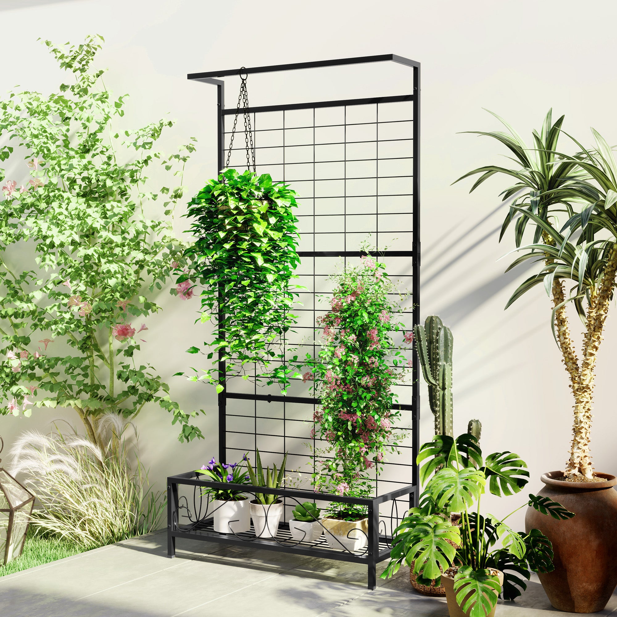 Metal Tall Plant Stand with Trellis and Hanging Bar, Plant Holder for Indoor Outdoor Use, 35" x 12.8" x 74", Black - Black - Image 2