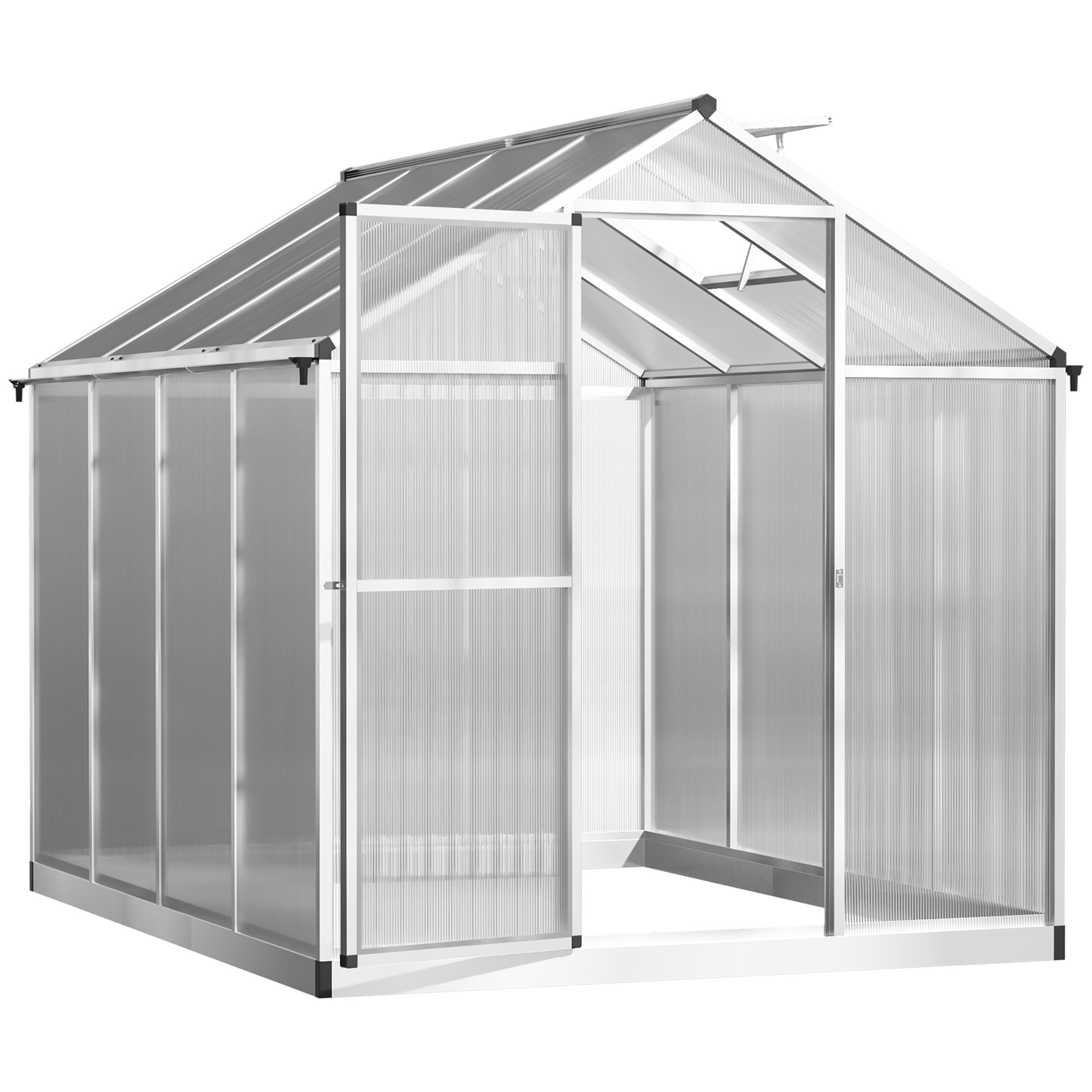 8' L x 6' W Walk-In Polycarbonate Greenhouse with Roof Vent for Ventilation & Rain Gutter for Winter - Silver