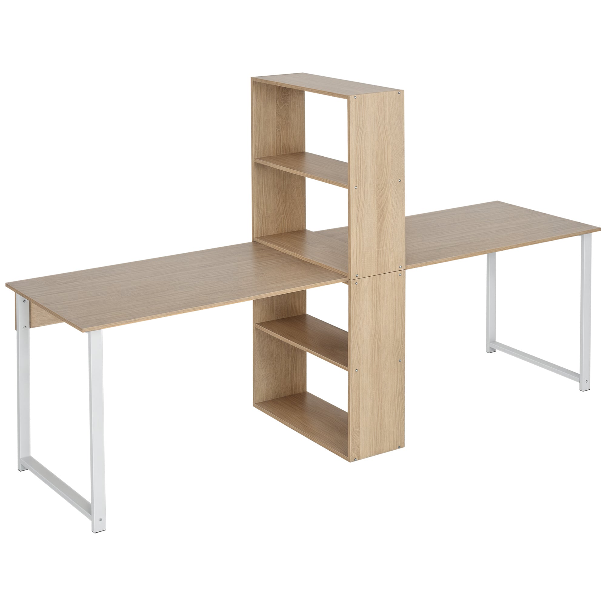 88" Extra Long 2-Person Computer Desk with Storage Shelves Combo, Double Workstation Storage Study Writing Table for Home Office, Bookshelf, Natural Wood Color