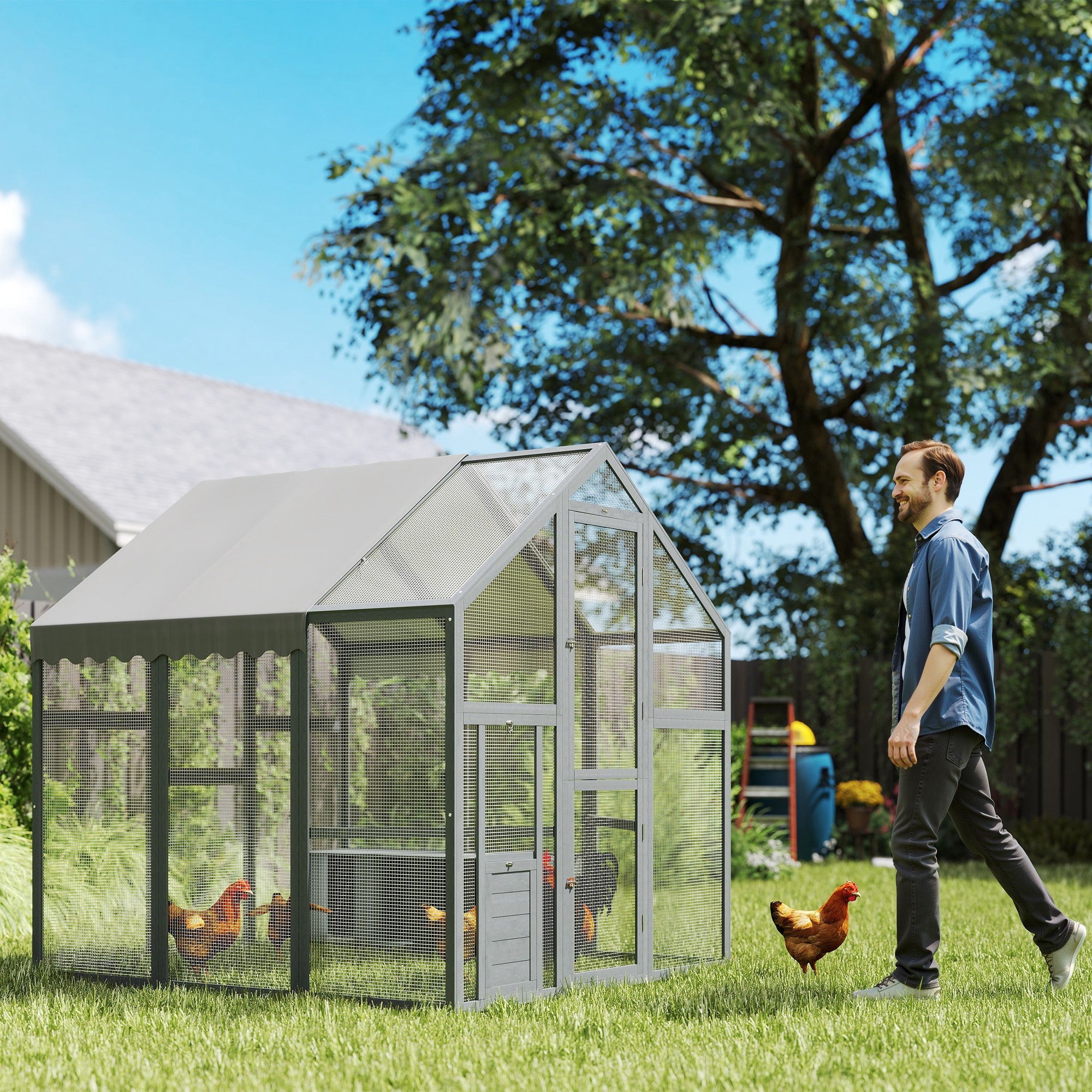 Large Wooden Chicken Run with Waterproof & Anti-UV Cover, for 6-8 Chickens, for Backyard, Farm, 5.5' x 6' x 6' - Gray - Image 2