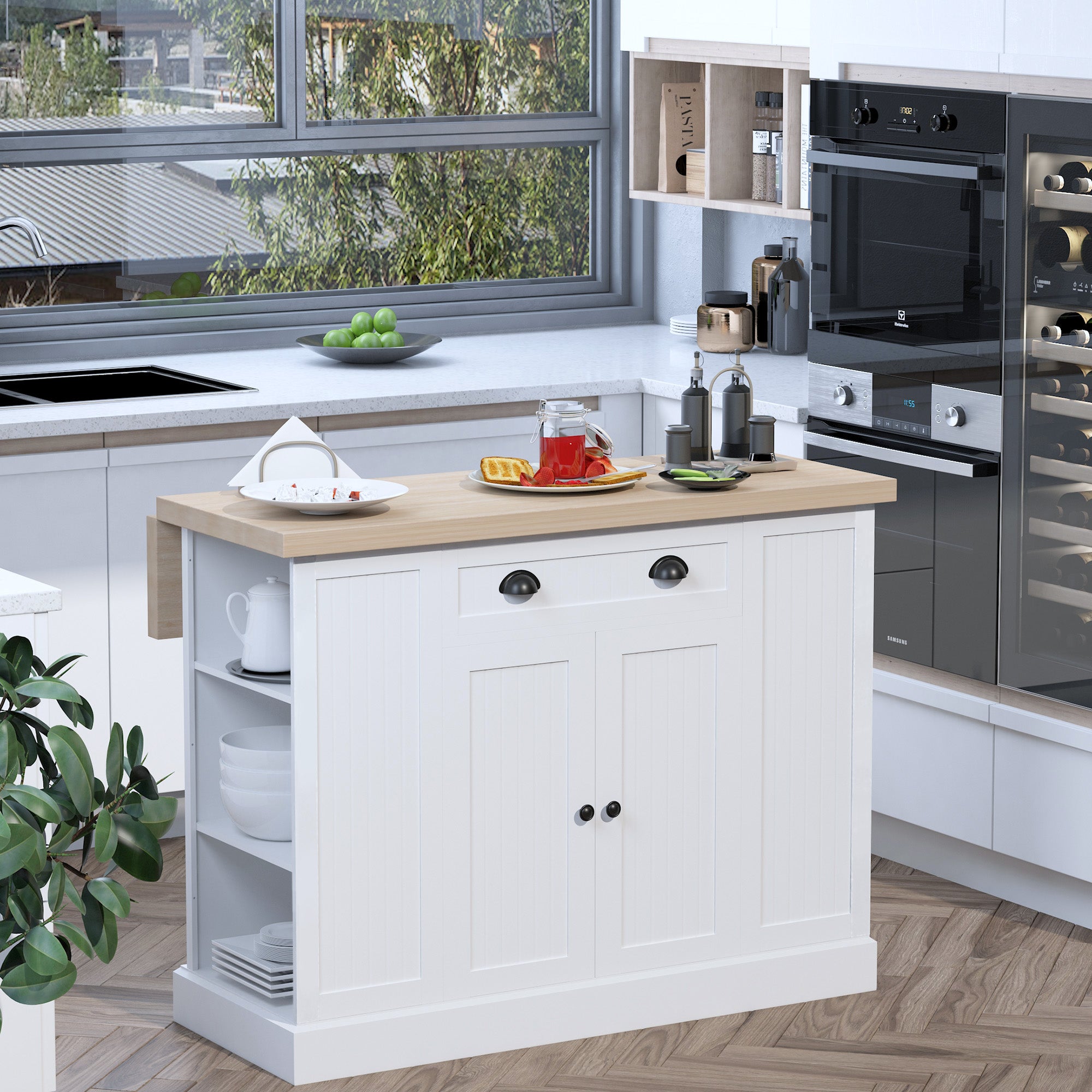 47" Fluted-Style Wooden Kitchen Island, Kitchen Countertop Storage Cabinet with Drawer, Open Shelves, Storage, White