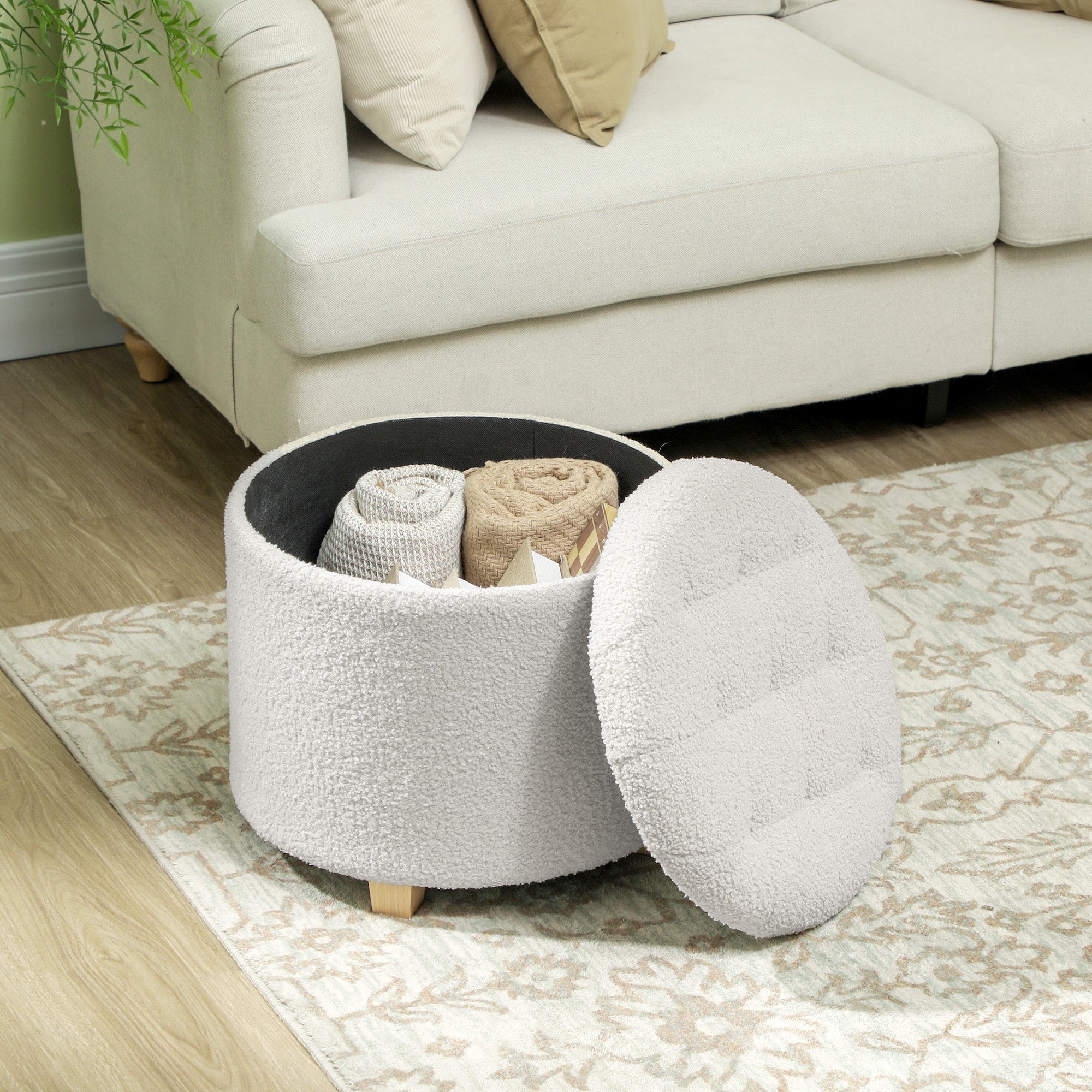 18" Round Ottoman with Storage, Teddy Fleece Button Tufted Foot Stool with Lid, Wood Legs for Living Room Hallway, White