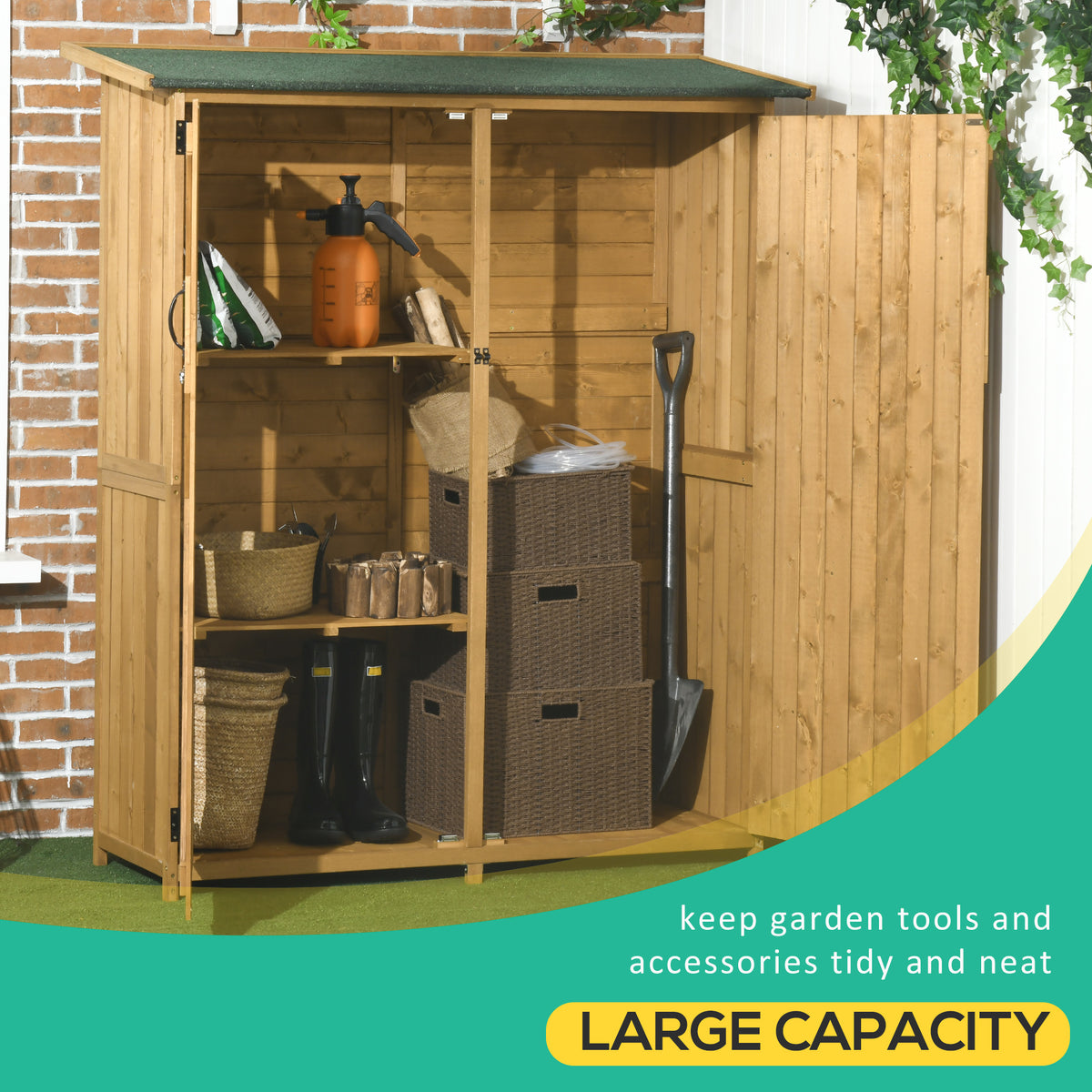 Outdoor Storage Cabinet Wooden Garden Shed Utility Tool Organizer with Waterproof Asphalt Rood, Lockable Doors, 3 Tier Shelves for Lawn, Backyard, Natural - Natural - Image 5