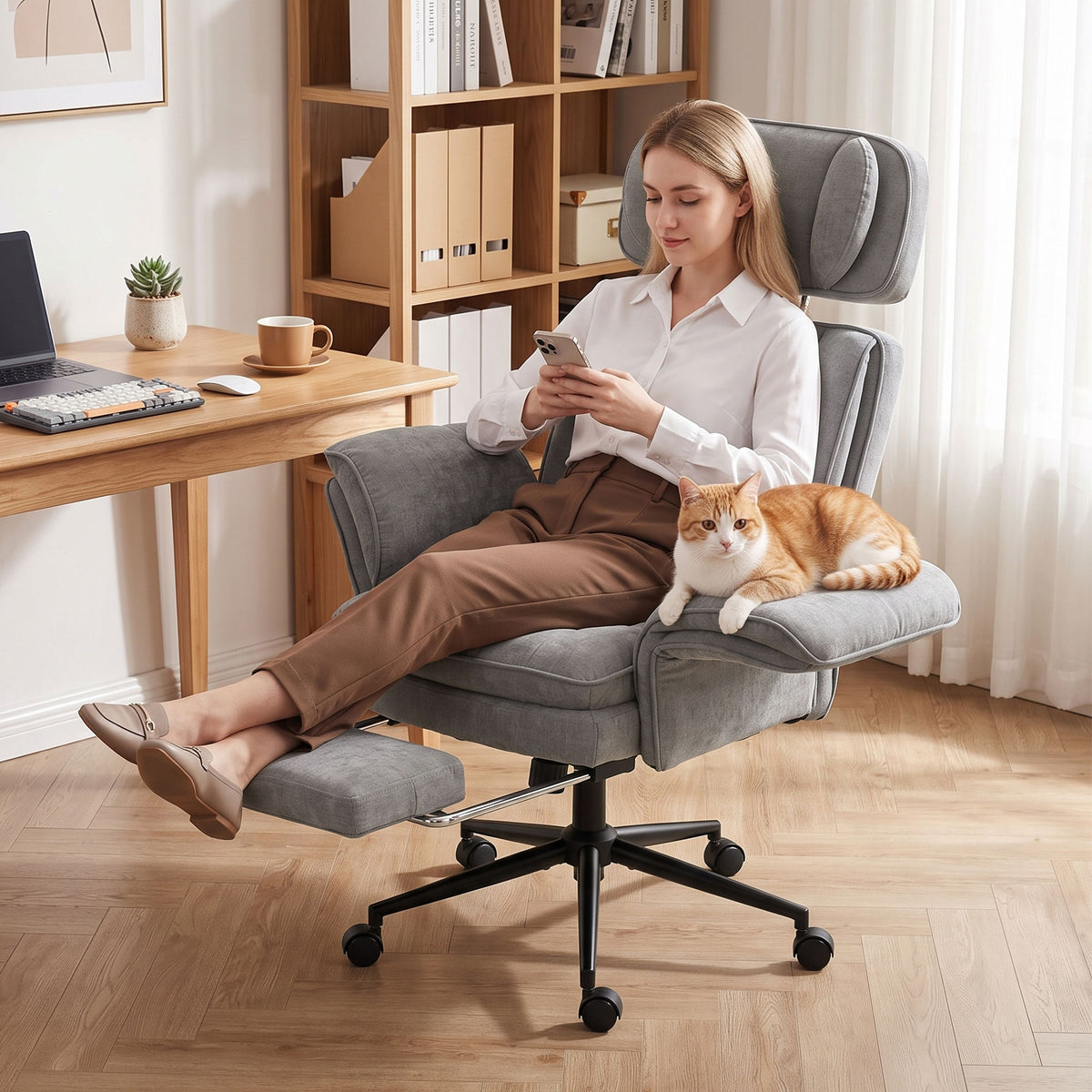 Criss Cross Office Chair with Flip Armrests, Adjustable Headrest, Swivel Tilt Reclining Desk Chair with Wheels, Gray