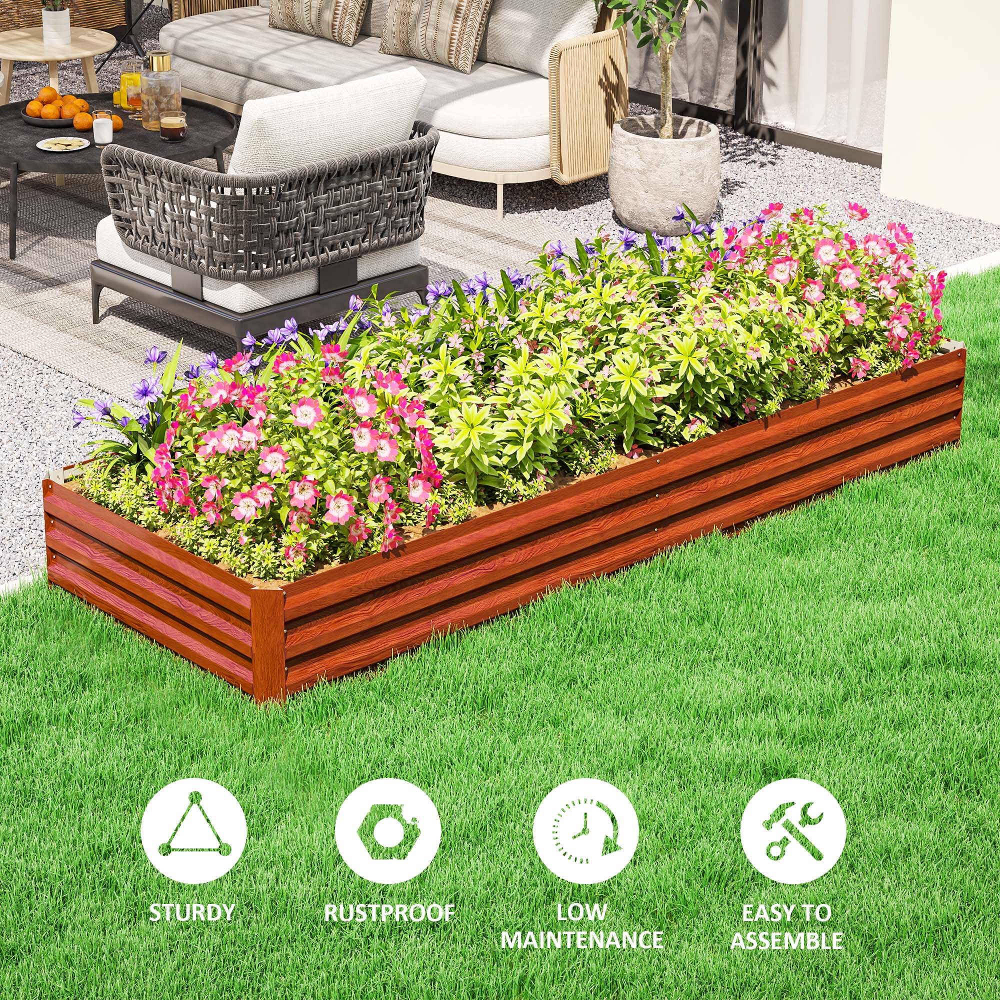 95" x 36" x 12" Galvanized Raised Garden Bed, Easy DIY and Cleaning for Growing Flowers, Herbs, Succulents, Natural Wood - Natural Wood - Image 6