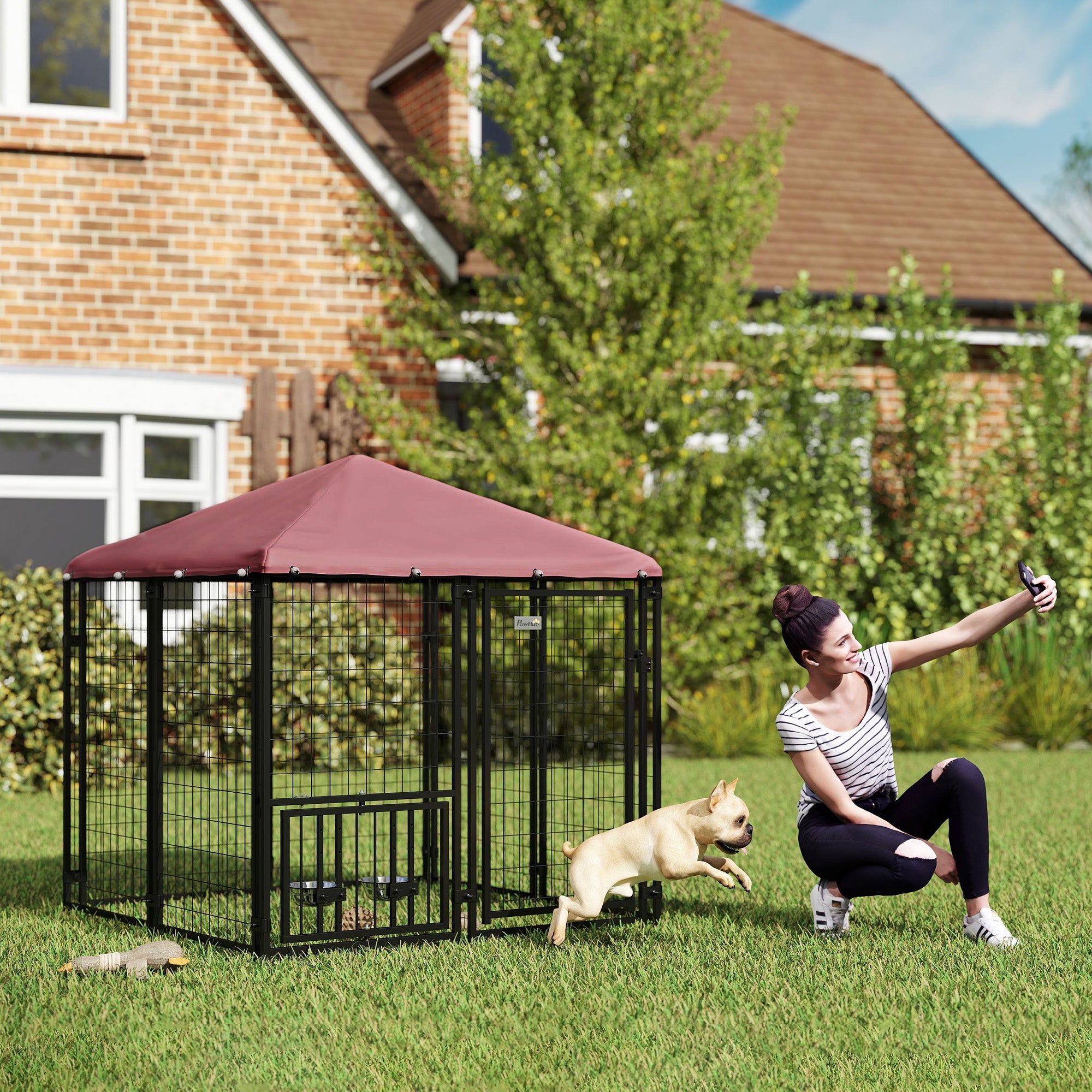 Welded Wire Outdoor Dog Kennel with 360° Rotating & 4 Levels Adjustable Bowls, Waterproof Cover, 4.6' x 4.6' x 5' - Red - Image 2
