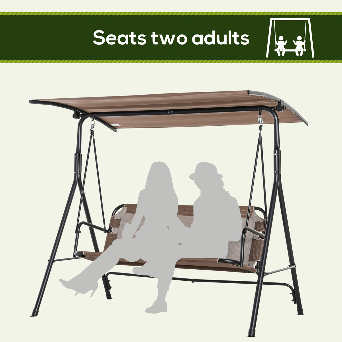 2-Seater Patio Swing Chair, Outdoor Adjustable Canopy Porch Swing with Armrests, Texeline Fabric and Steel Frame, Brown
