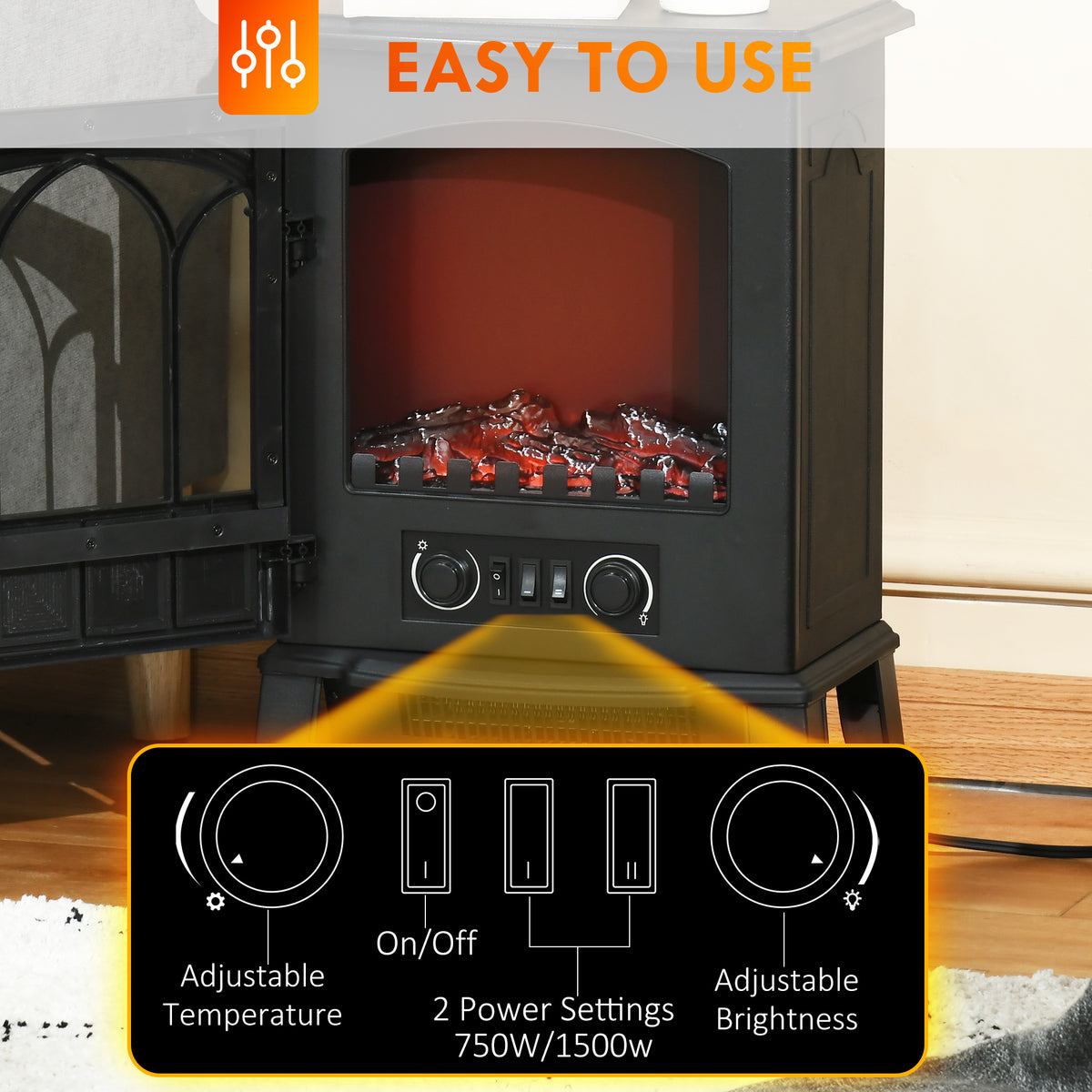 Electric Fireplace Stove, Freestanding Fireplace Heater, 750W/1500W, Black