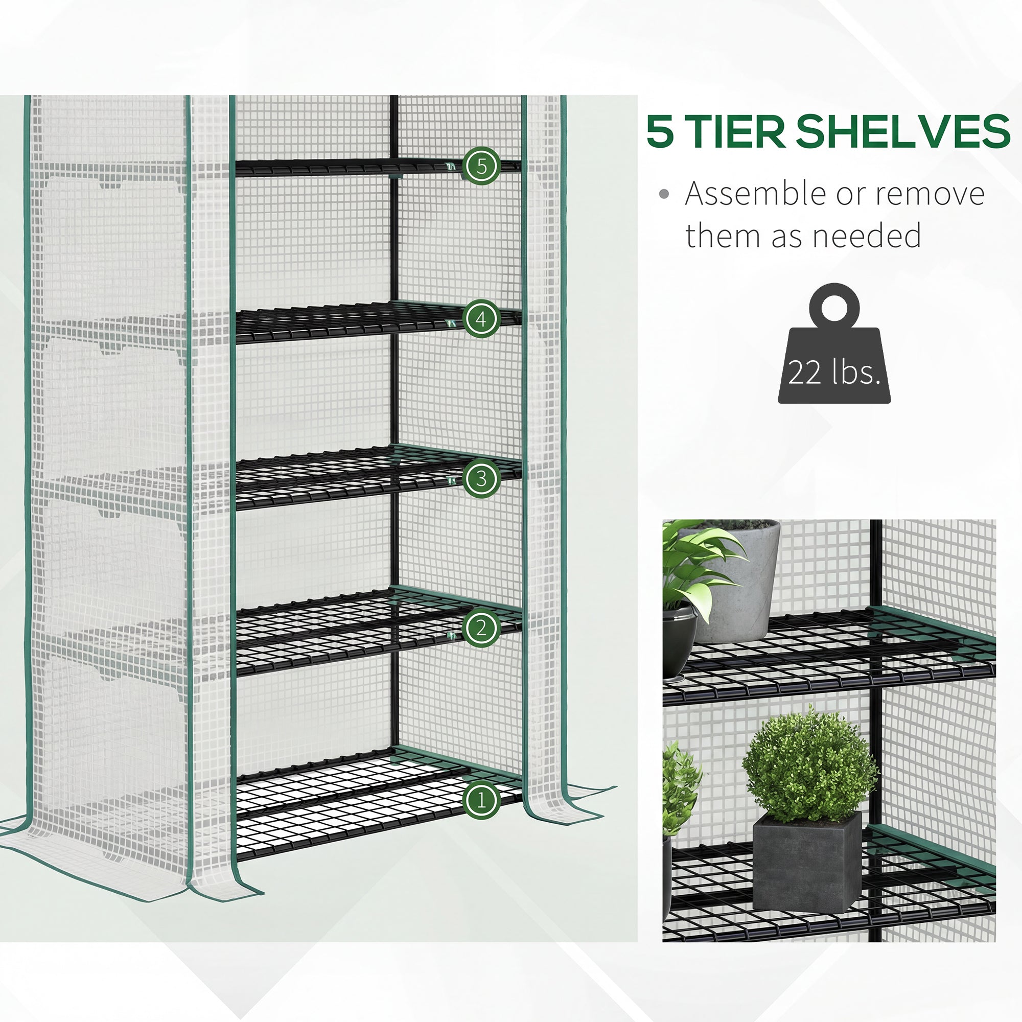 5 Tier Mini Greenhouse, Small Portable Greenhouse with PE Cover, Roll-Up Zippered Door, 76" x 35.4" x 19.3", White - White - Image 5