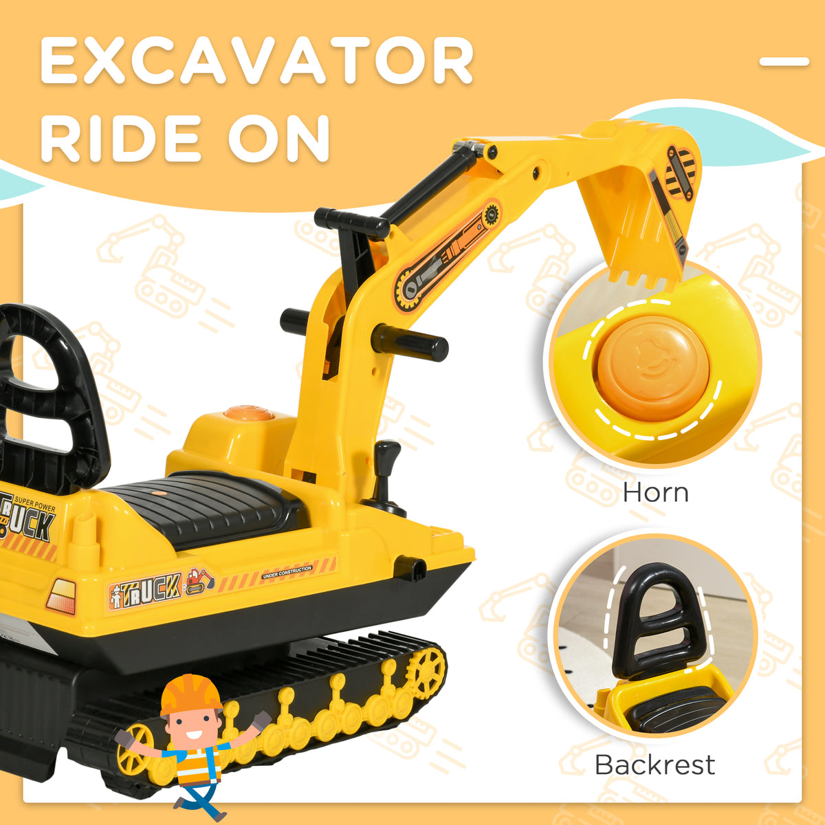 Qaba No Power Ride On Excavator Toy Tractors Digger Movable Scooter Walker Pretend Play Toddler Construction Truck Basket Storage For Boys Girls 18-48 Months Yellow Black