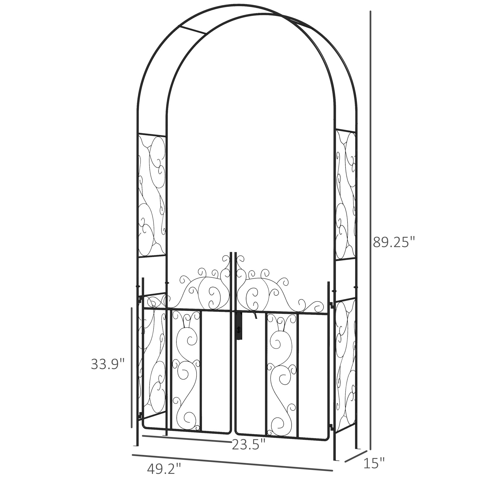 89.25" Metal Garden Arch with Gate, Garden Arbor Trellis for Climbing Plants, Roses, Vines, Wedding Arch, Black - Black - Image 3