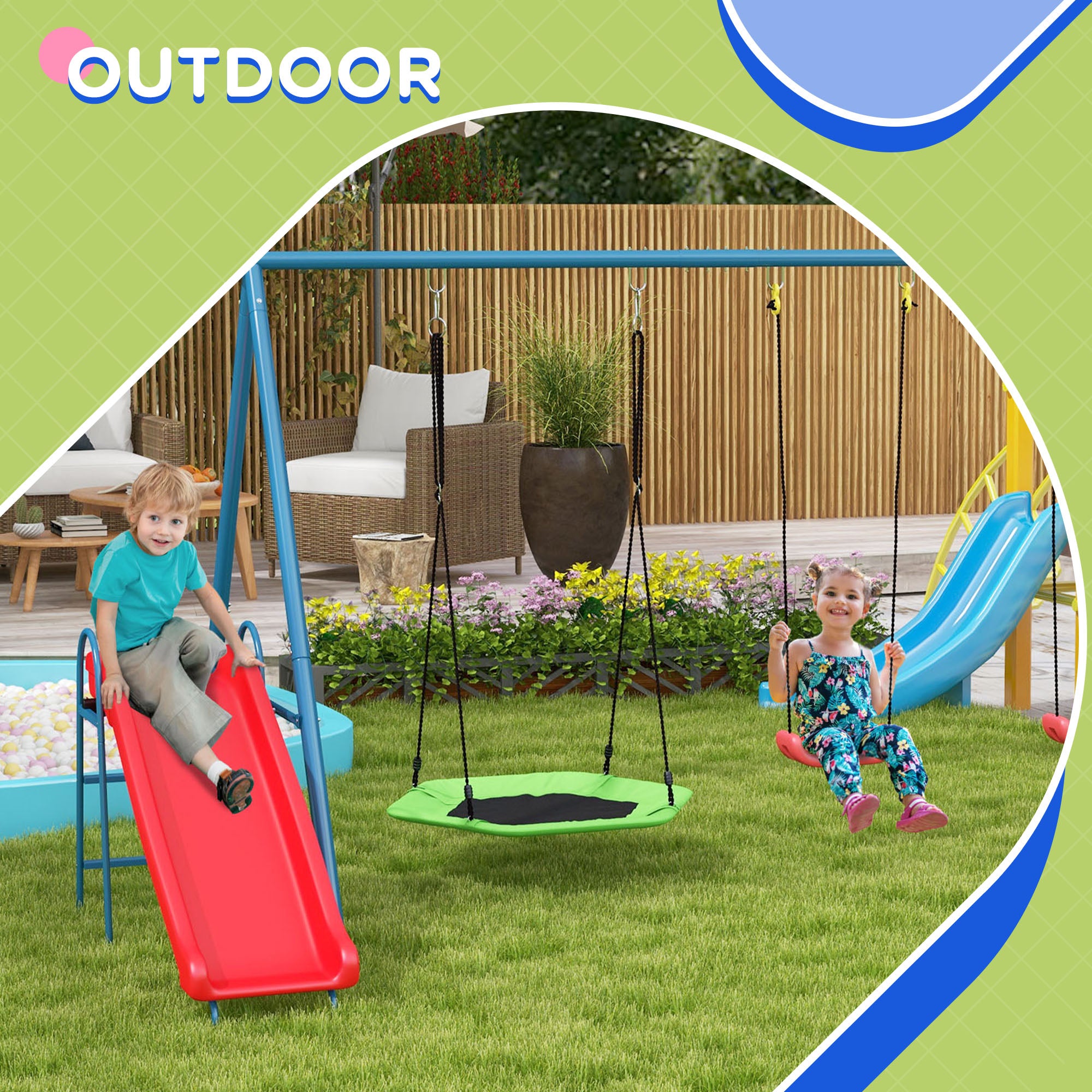 Metal Swing Set for Backyard, 3 in 1 Design with 1 Nest Swing, 2 Seats, 1 Slide, Holds Up to 352 lbs. for Ages 3-8