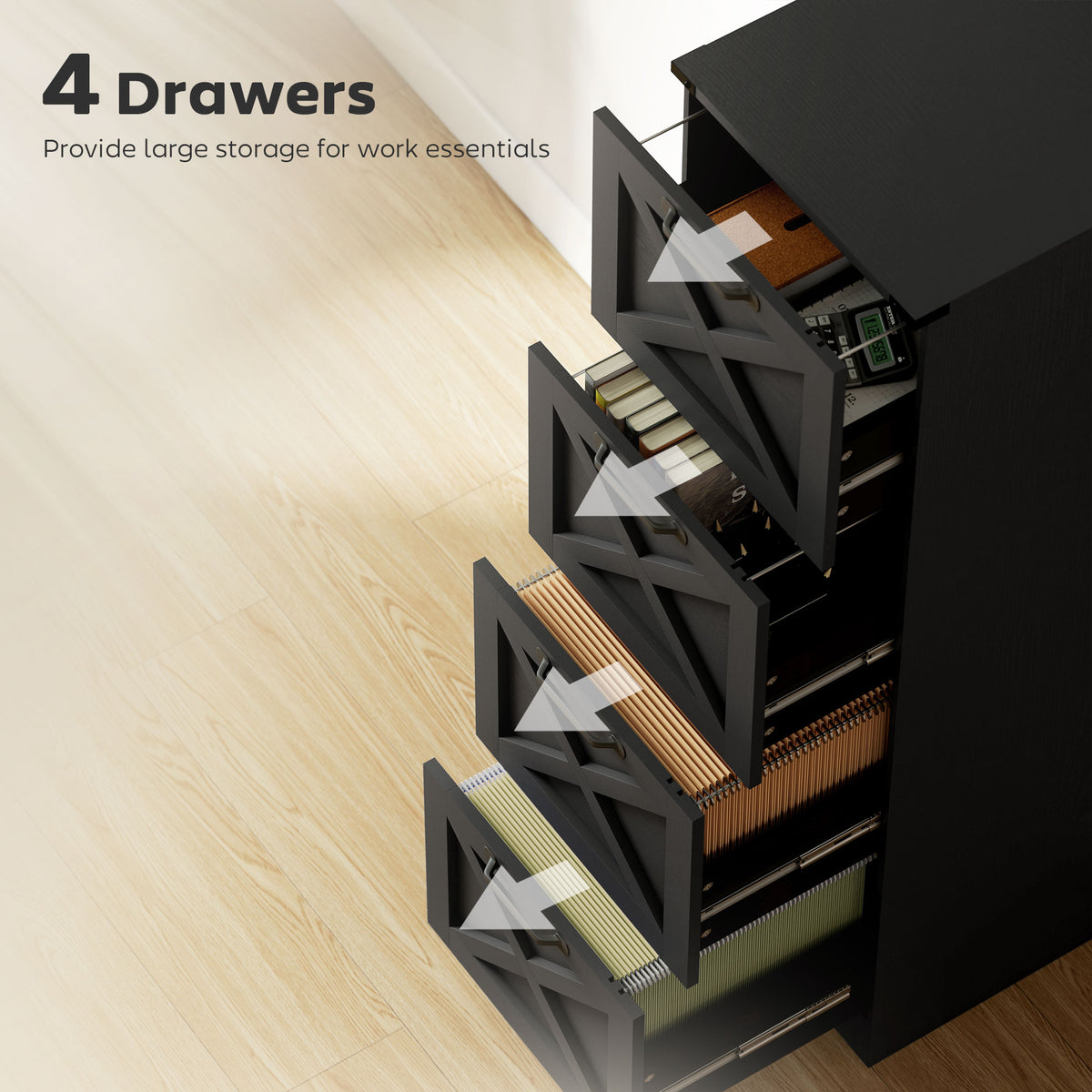 Vertical Storage Drawers Farmhouse X Pattern Printer Stand Fits Letter Files 4 Drawers Black