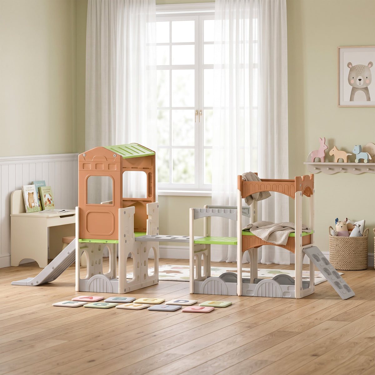 8 in 1 Toddler Slide Set with Balance Bridge, Playhouse, Climber, Storage, Indoor Playset Playground for 3-6 Years
