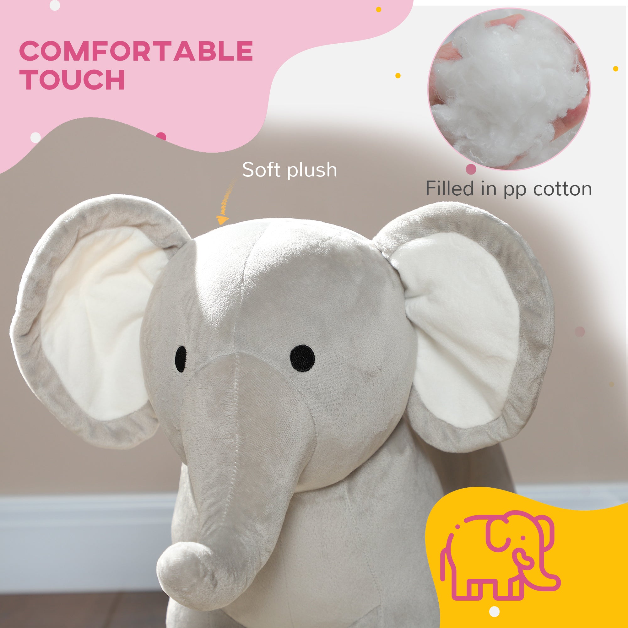 Kids Rocking Animal, Elephant Rocker with Realistic Sounds, Plush Ride on Toy for Years 2-4, Gray