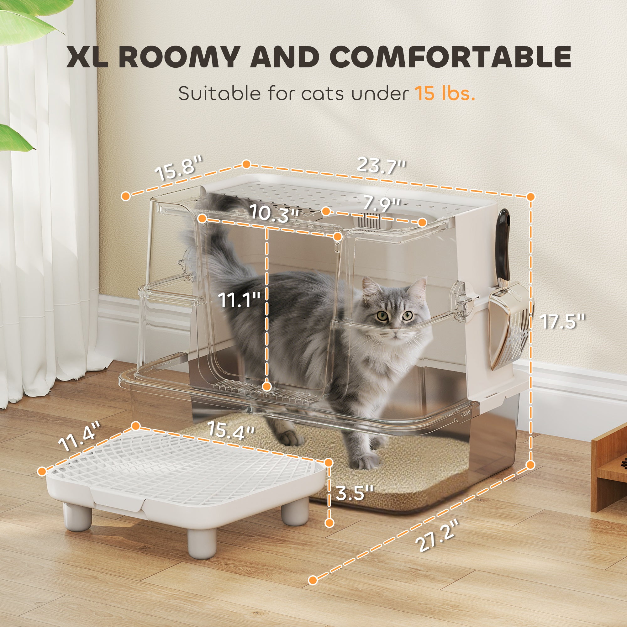 XL Stainless Steel Litter Box w/ 100° Flip Top, Scoop, Step, Top & Side Entry Enclosed Litter Box for Big Cats - Light Gray - Image 3