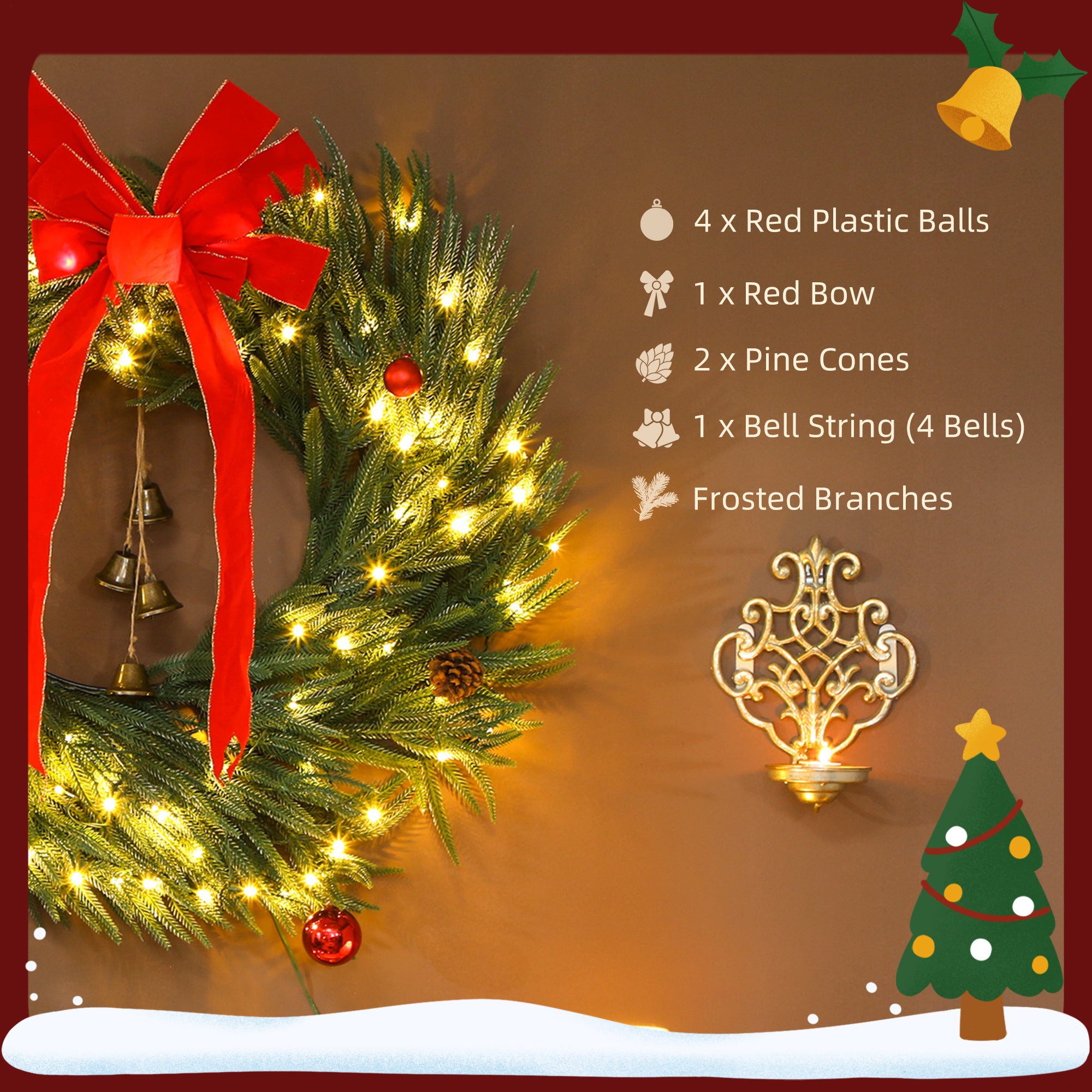 36 Inch Christmas Wreath for Front Door with LED Lights, Prelit Christmas Wreath with 8 Modes and Ornaments, Green