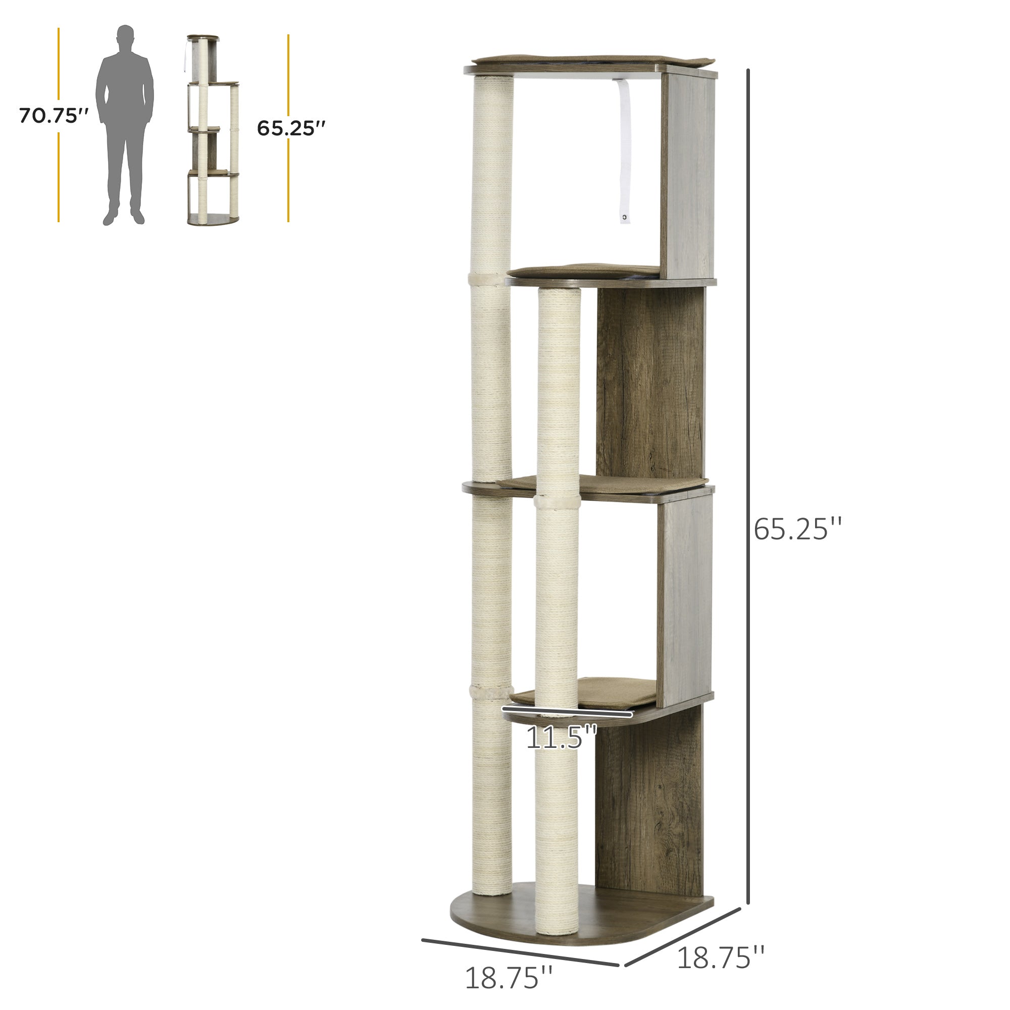 65" Corner Modern Cat Tree Tall for Climbing, Large Multilevel Cat Tower with Scratching Posts, Small-Fit Kitten Tower with Sisal, Cream White - Cream White - Image 3