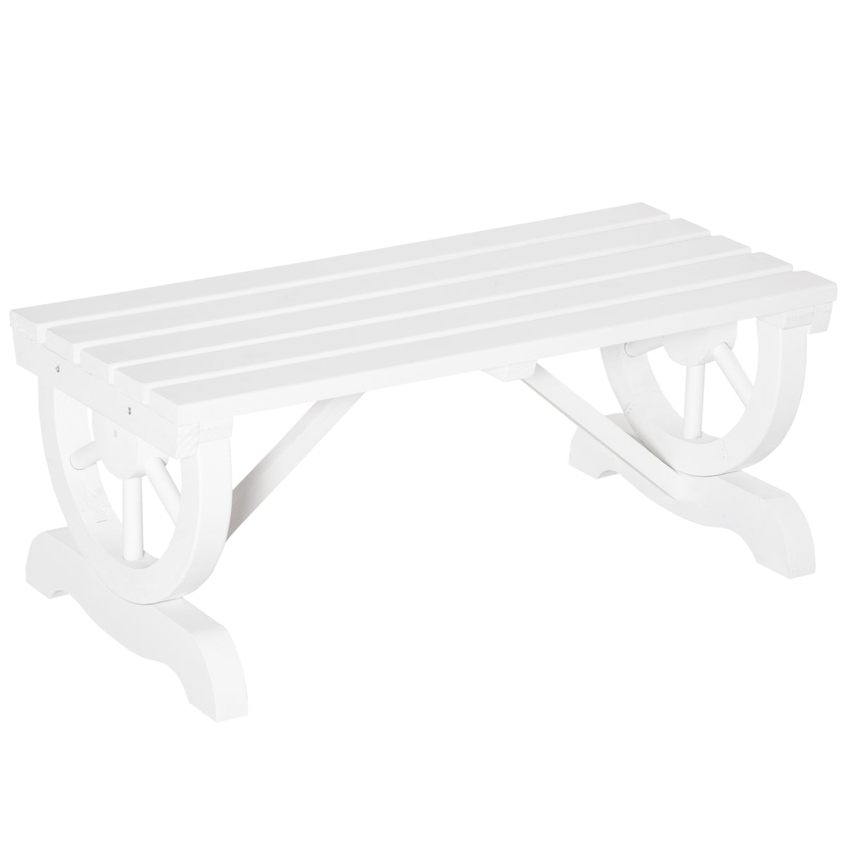 2-Person Wooden Garden Bench, Outdoor Wagon Wheel Porch Bench for Backyard Garden, Support 550 LBS, Rustic Country Style Patio Furniture, White