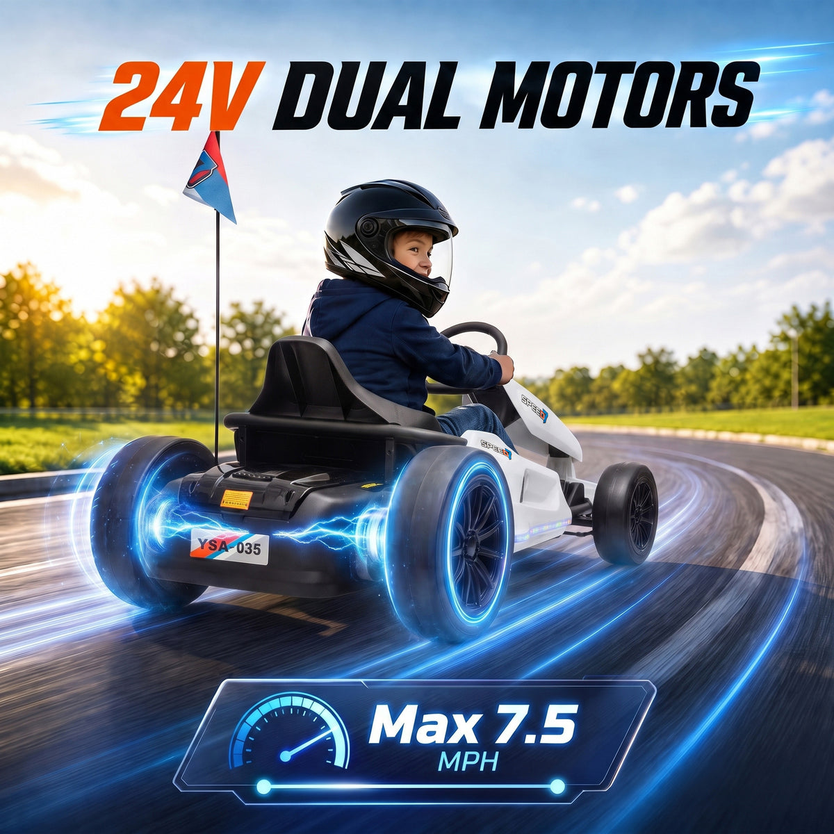 24V Electric Drift Go Kart for Kids with Dual Motors, Soft Start, PU Wheels, 7.5MPH High Speed, for Ages 6-14, White