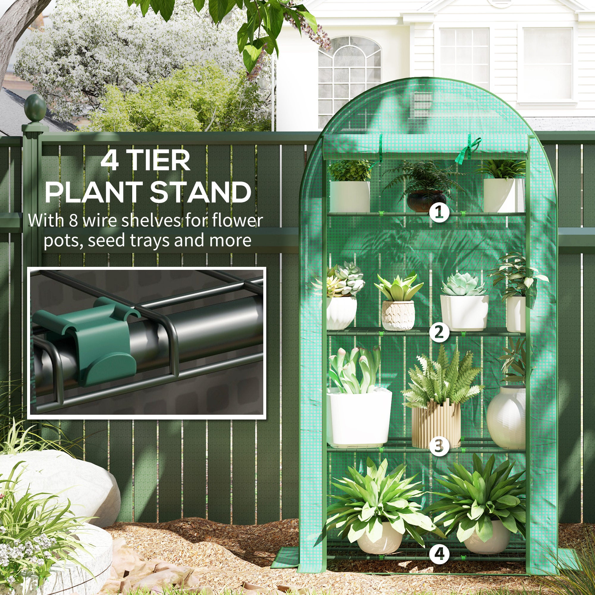 Mini Greenhouse, Portable Greenhouse with 4 Tier Shelves, Roll-Up Door, and Plastic Cover, 41.3" x 17.7" x 63", Green - Green - Image 5