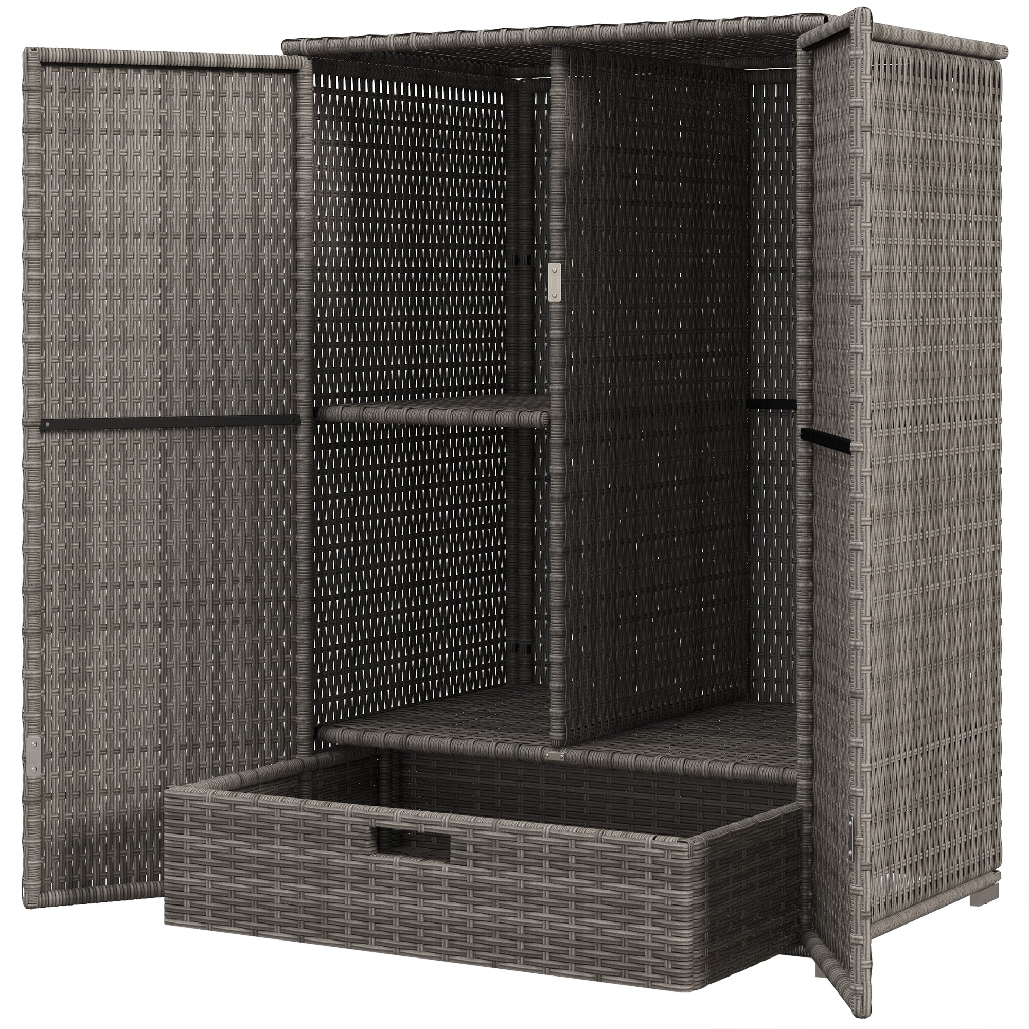 Outdoor Storage Cabinet with Shelves, Rattan Pool Towel Storage Cabinet with Removable Shelf & Drawer, Dark Gray - Dark Gray