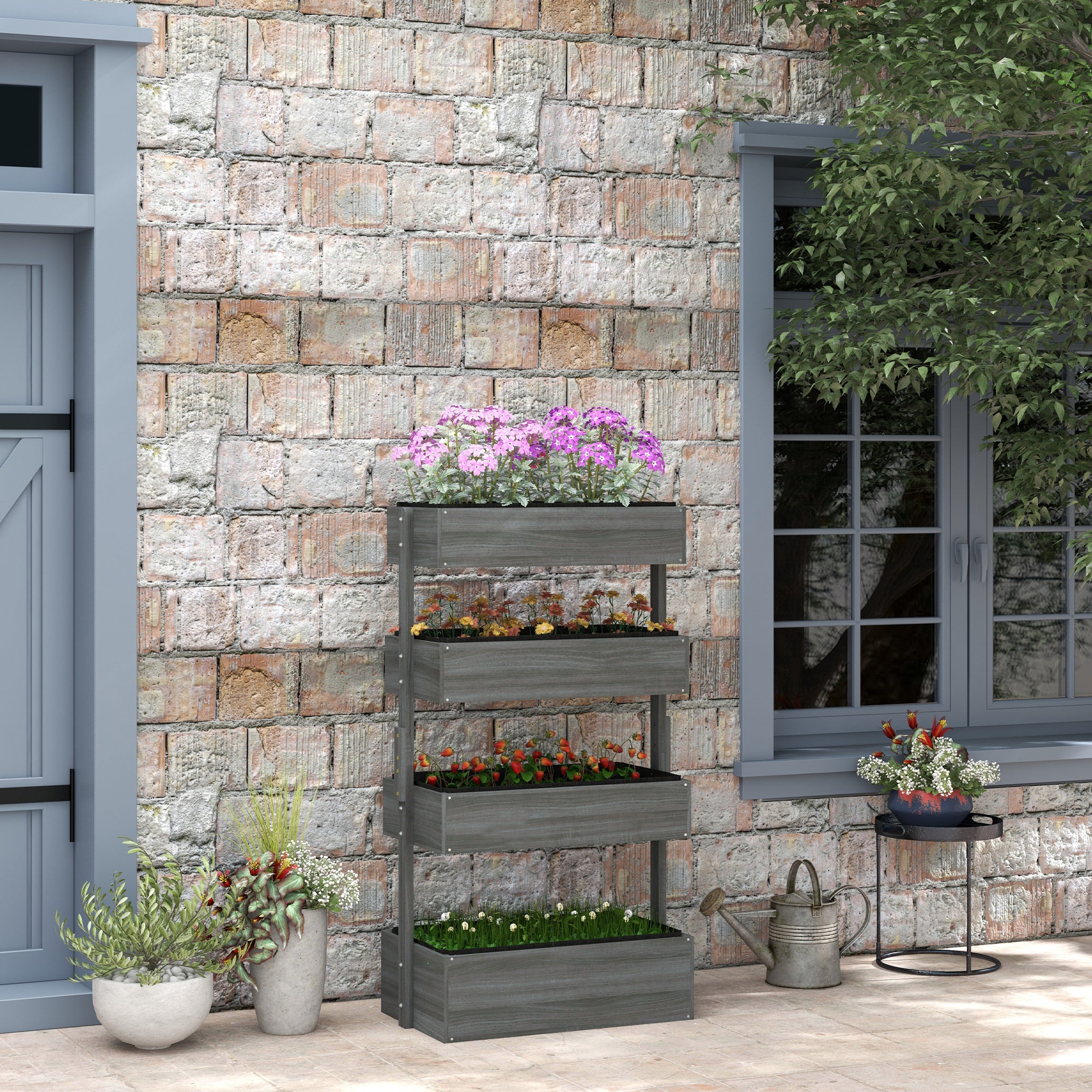 Outdoor Wooden Vertical Garden Planter, 4 Tier Planter Box, Self-Draining for Flowers, Vegetables, Herbs, Gray - Gray - Image 2