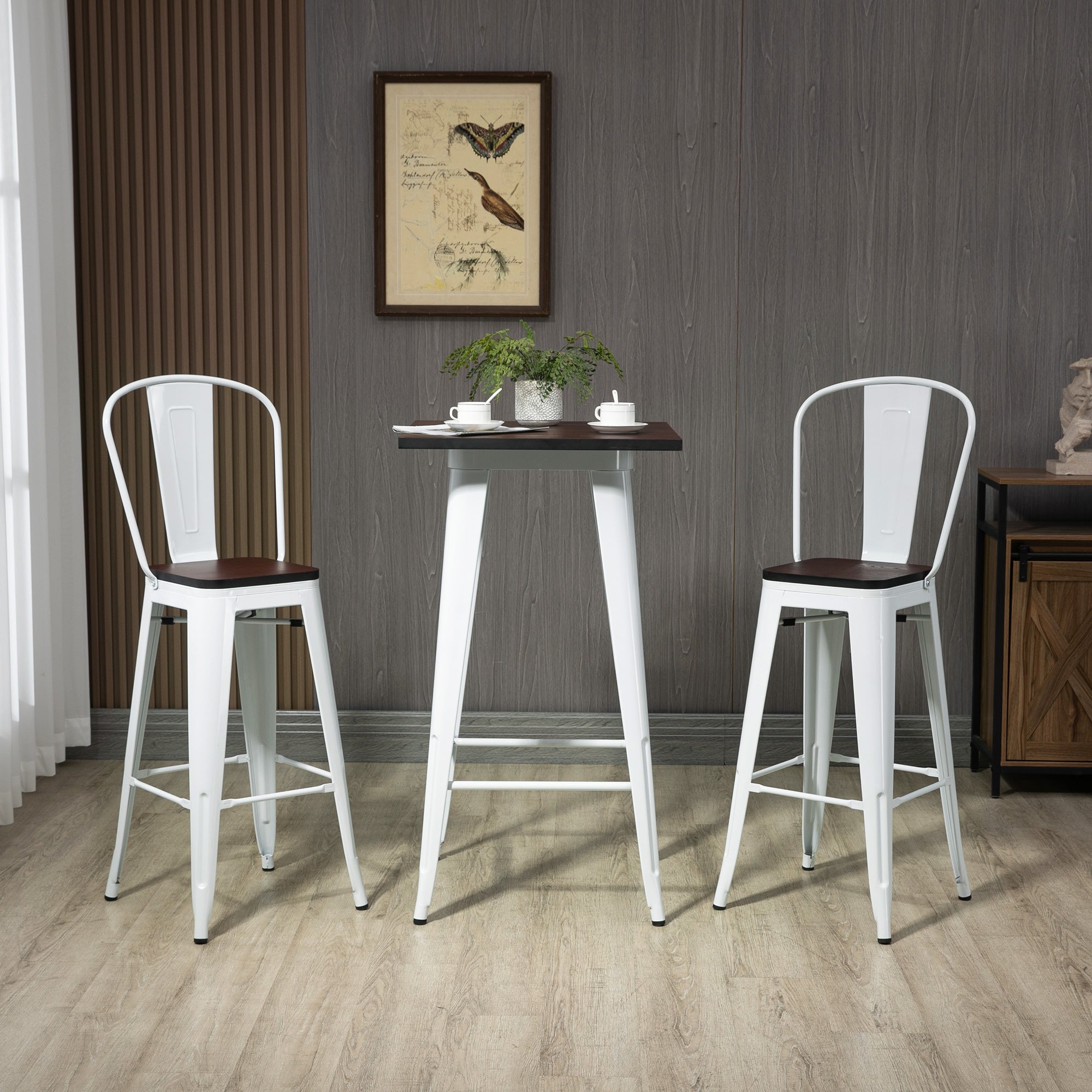 3 Piece Industrial Dining Table Set, Bar Height Bar Table and Chairs Set with Footrests for Bistro, White and Brown
